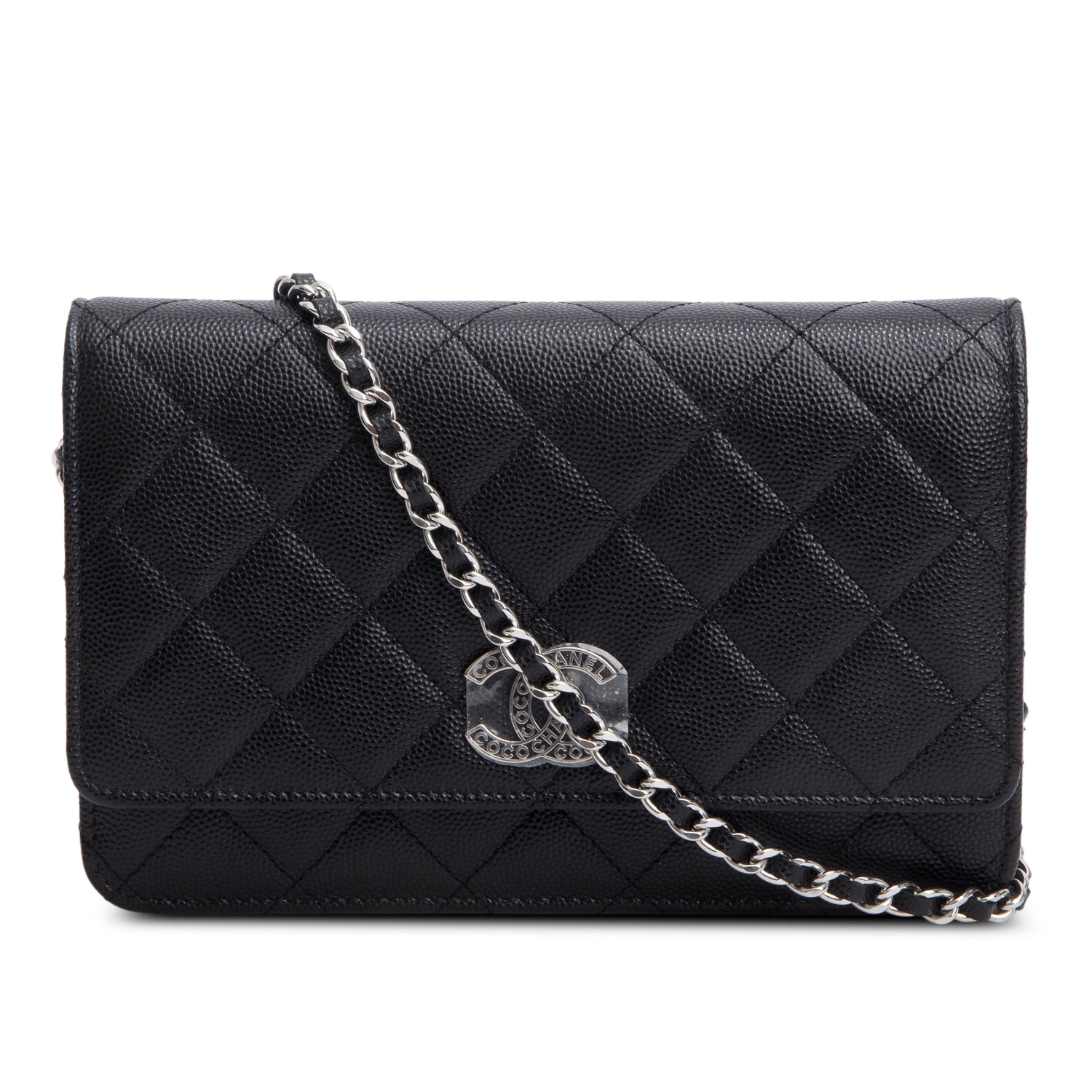 Chanel Quilted Caviar Coco CC on Leather Black Wallet Case