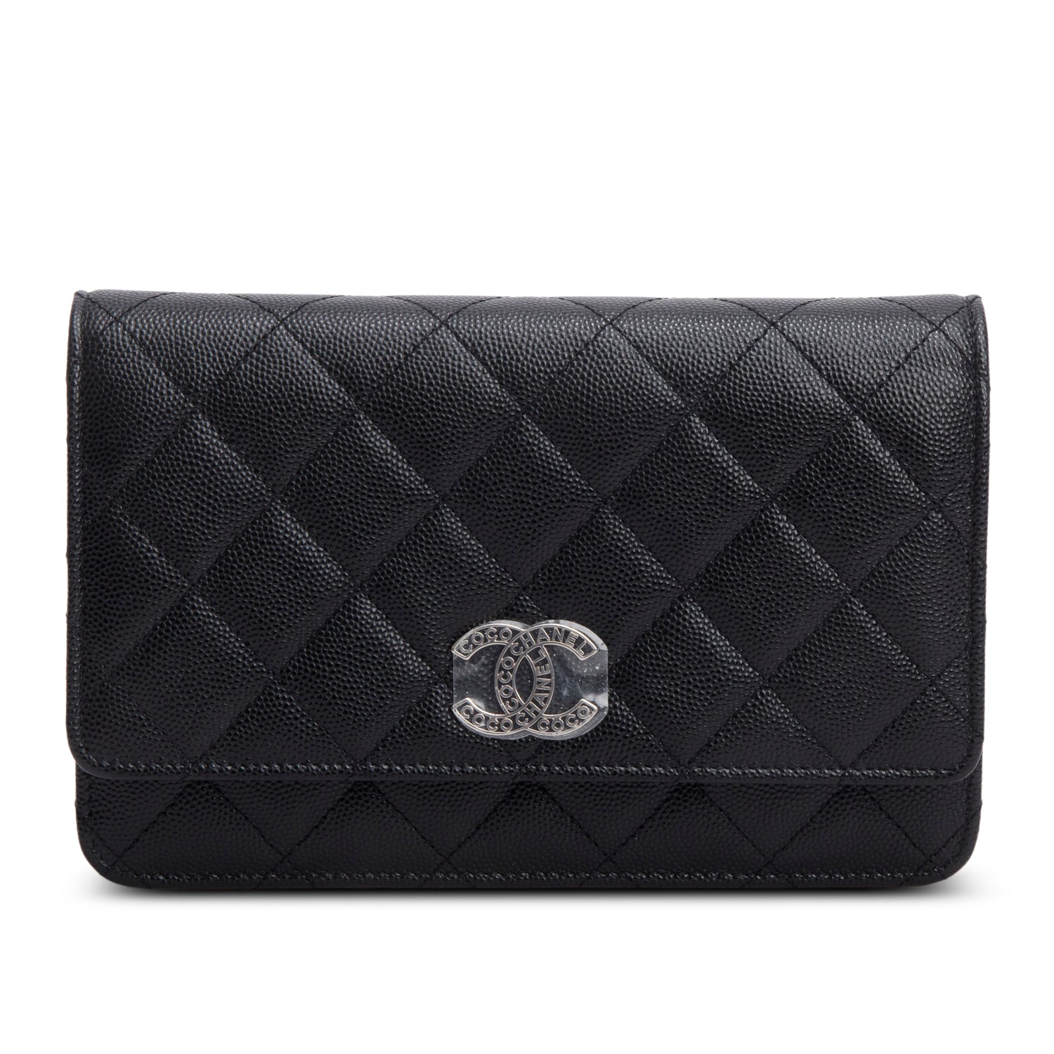 Chanel Quilted Caviar Coco CC on Leather Black Wallet Case