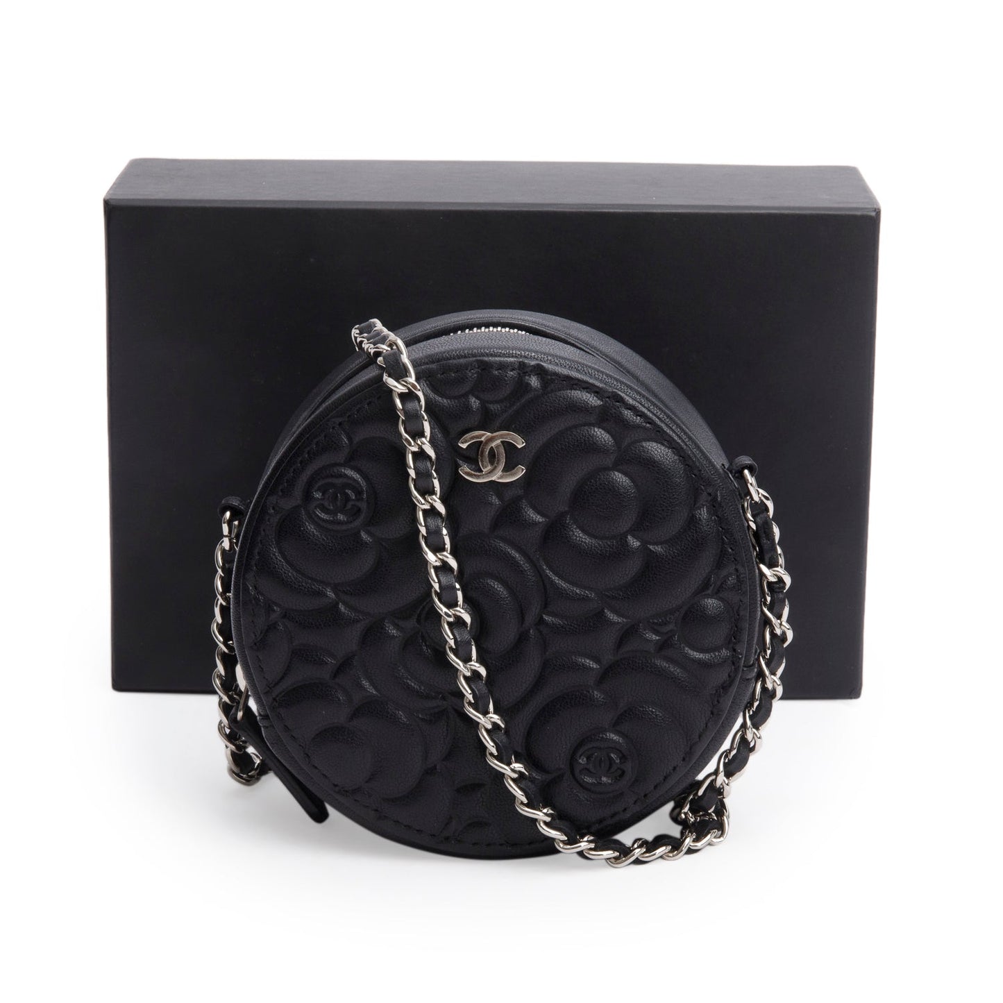 Chanel Caviar Camellia Embossed Round Black Travel Bag