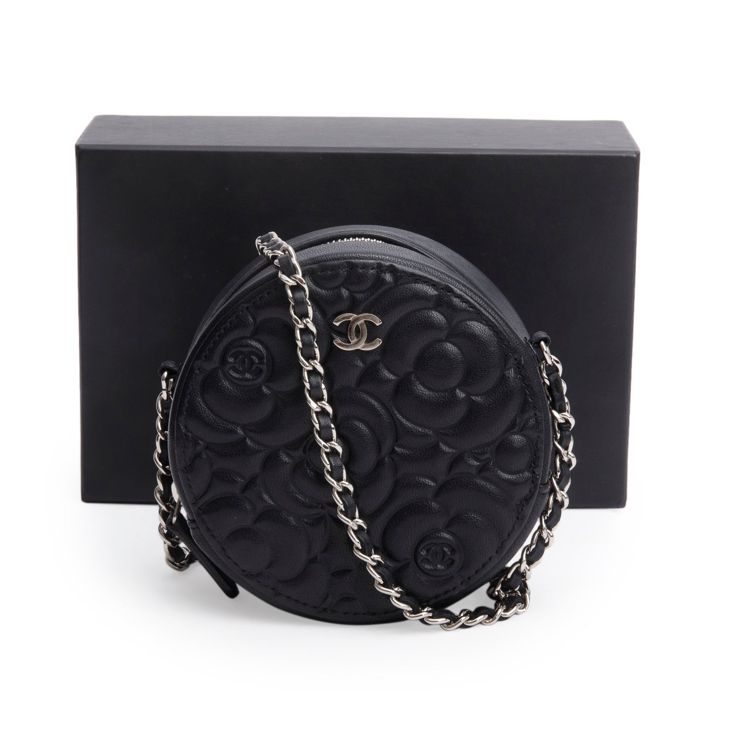 Chanel Caviar Camellia Embossed Round Black Travel Bag
