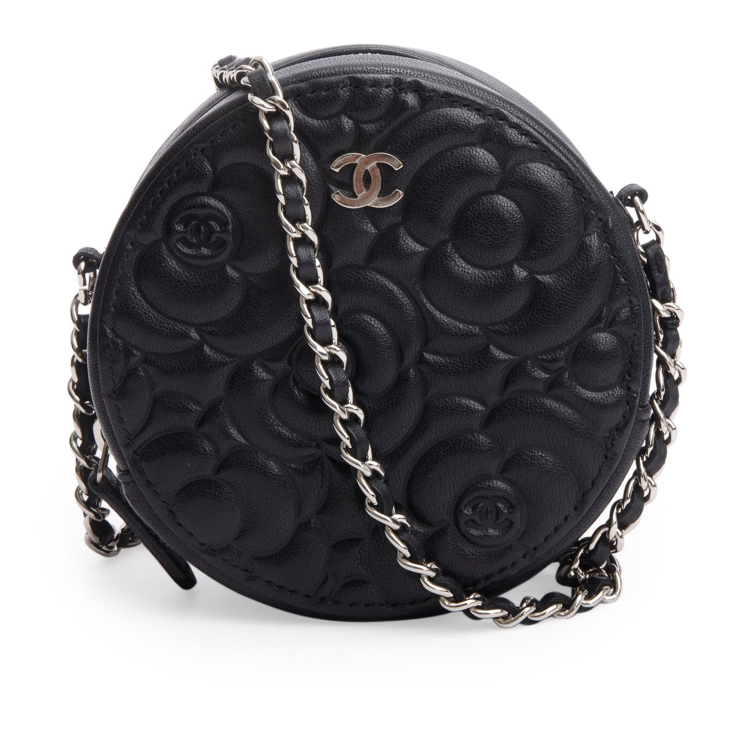 Chanel Caviar Camellia Embossed Round Black Travel Bag