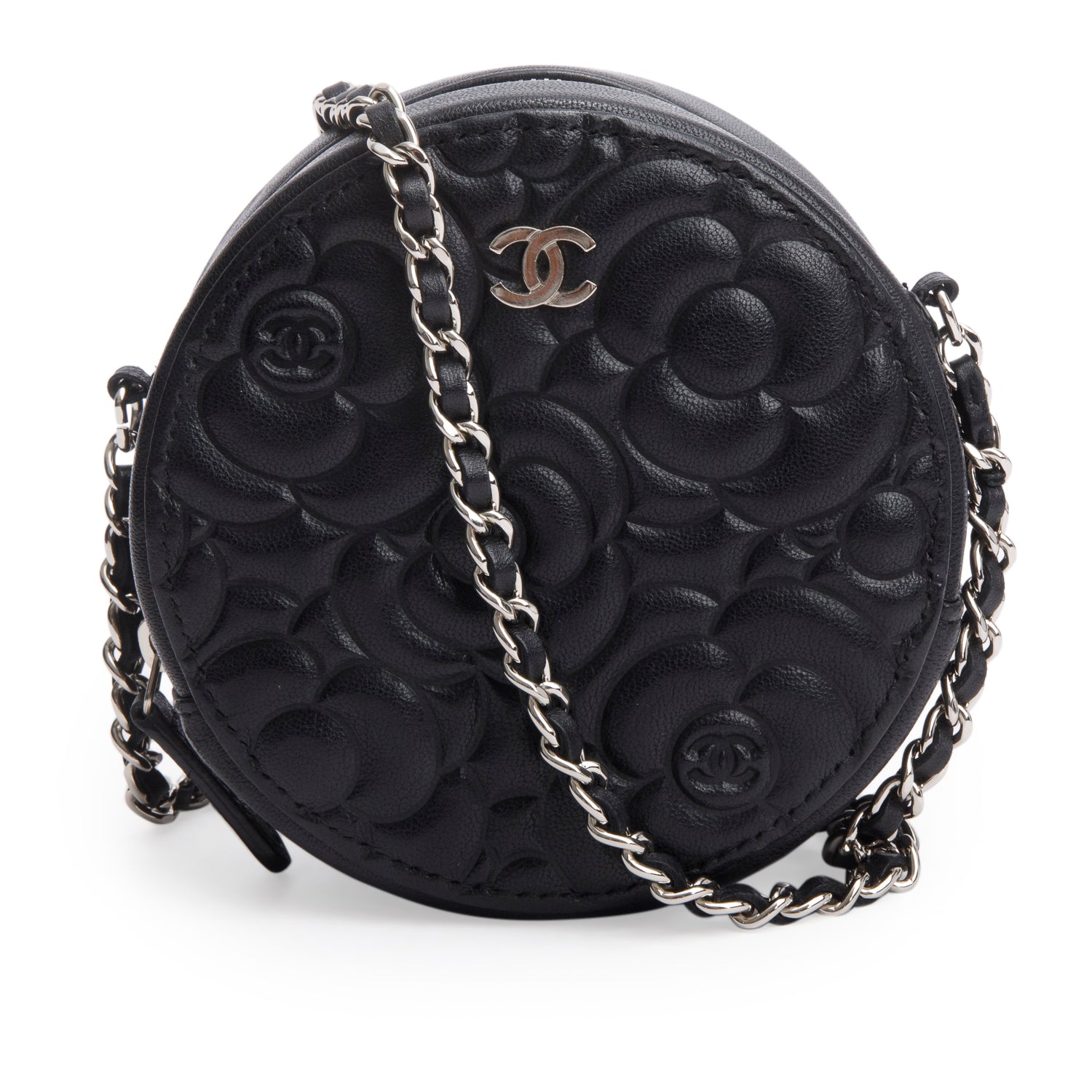 Chanel Caviar Camellia Embossed Round Black Travel Bag