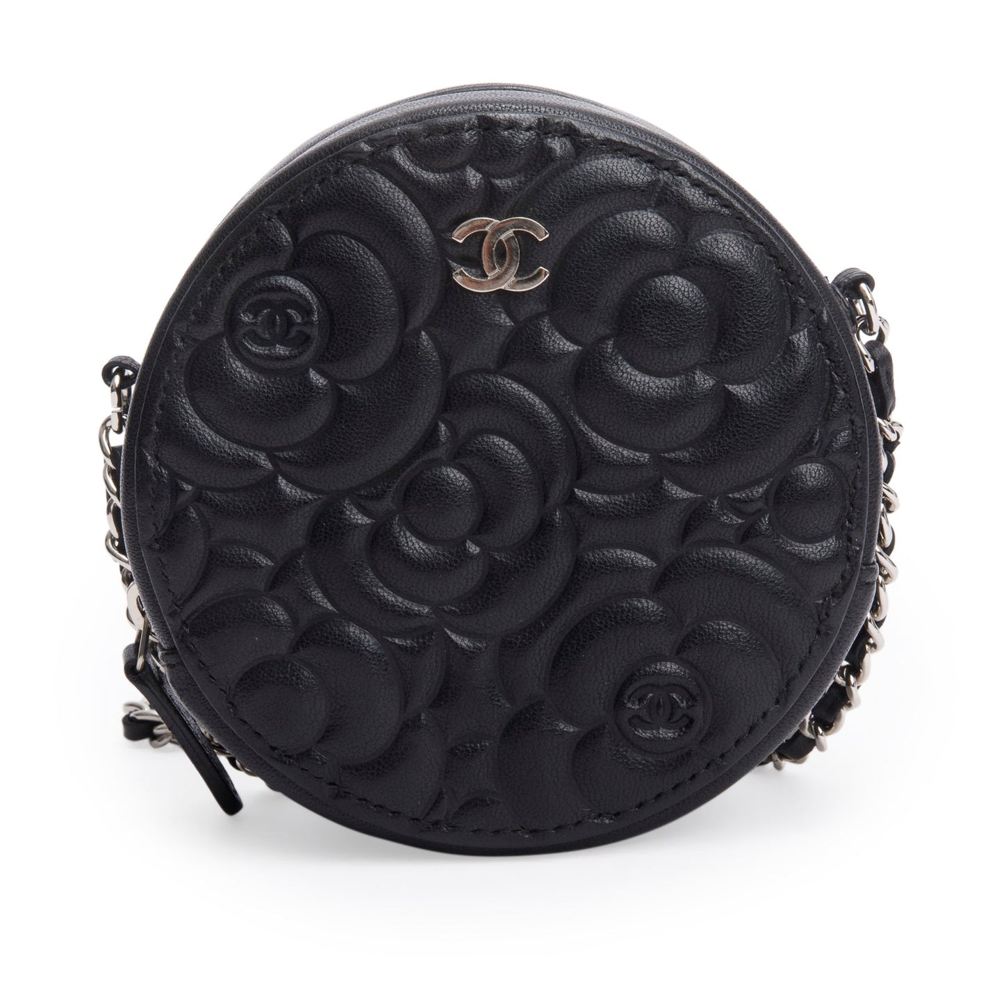 Chanel Caviar Camellia Embossed Round Black Travel Bag