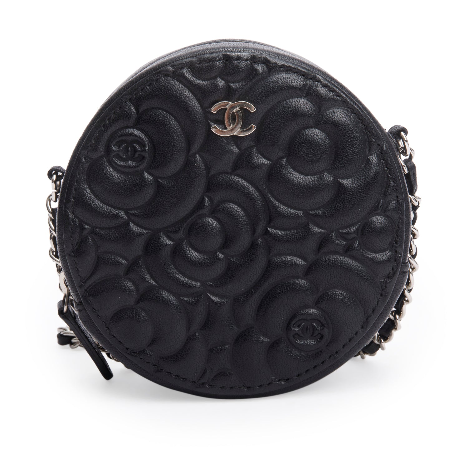 Chanel Caviar Camellia Embossed Round Black Travel Bag
