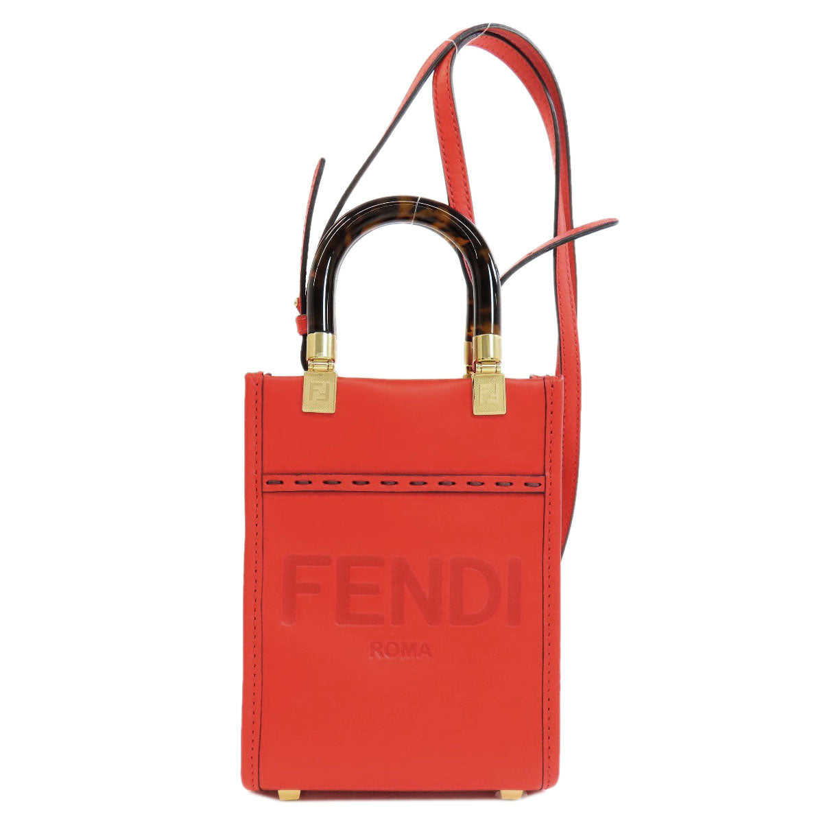 Fendi Handbag Sunshine Shopper 2Way Women Leather Red Mini Travel Bag