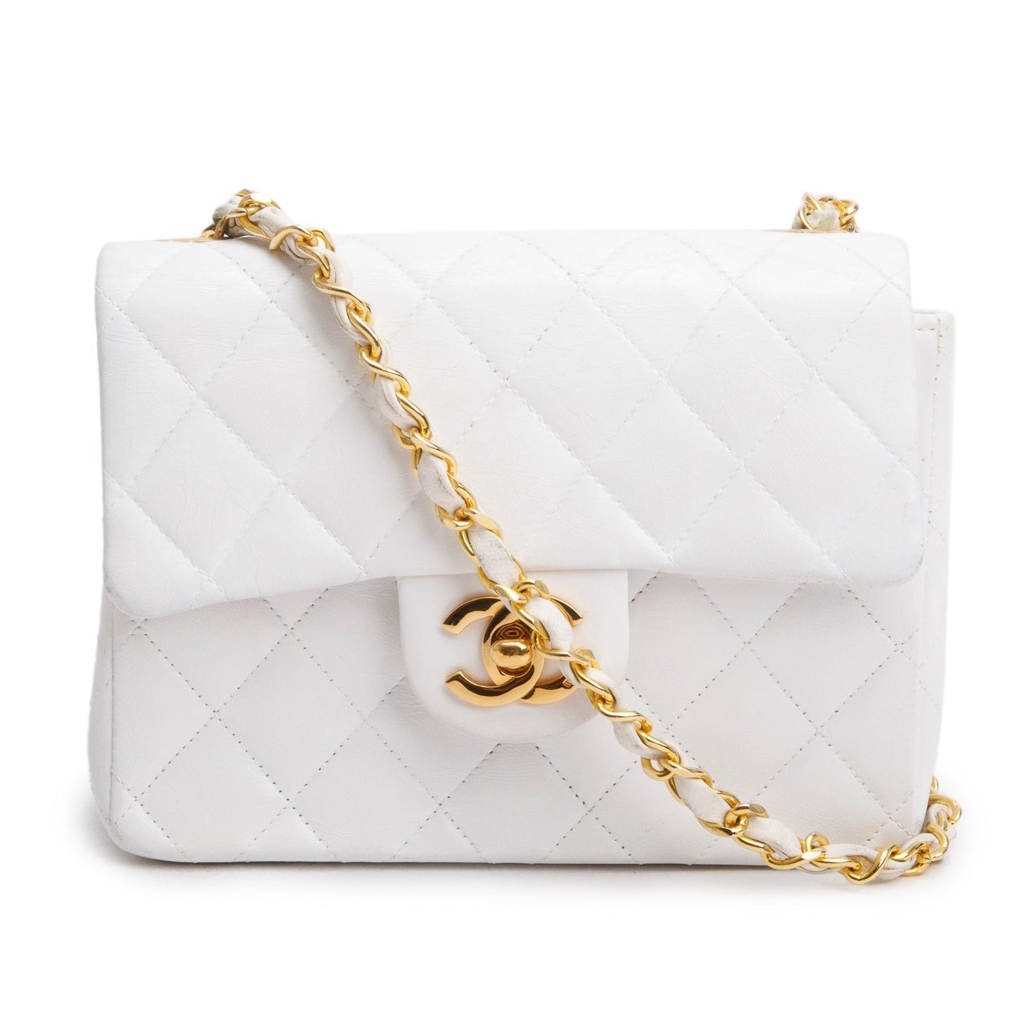 Chanel Quilted Square Flap Lambskin White Travel Bag