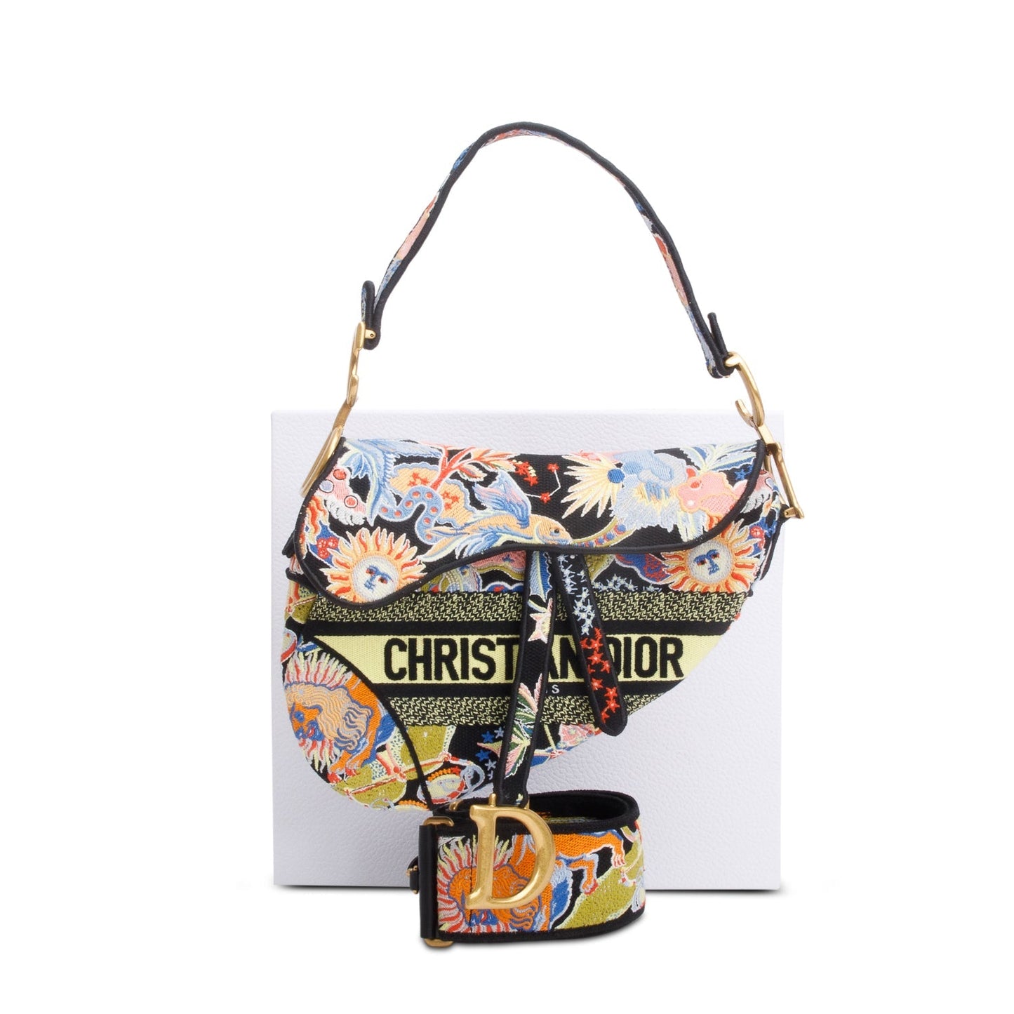 Dior Christian Multicolor Embroidered Zodiac Fantastico Saddle Bag Canvas Travel Bag