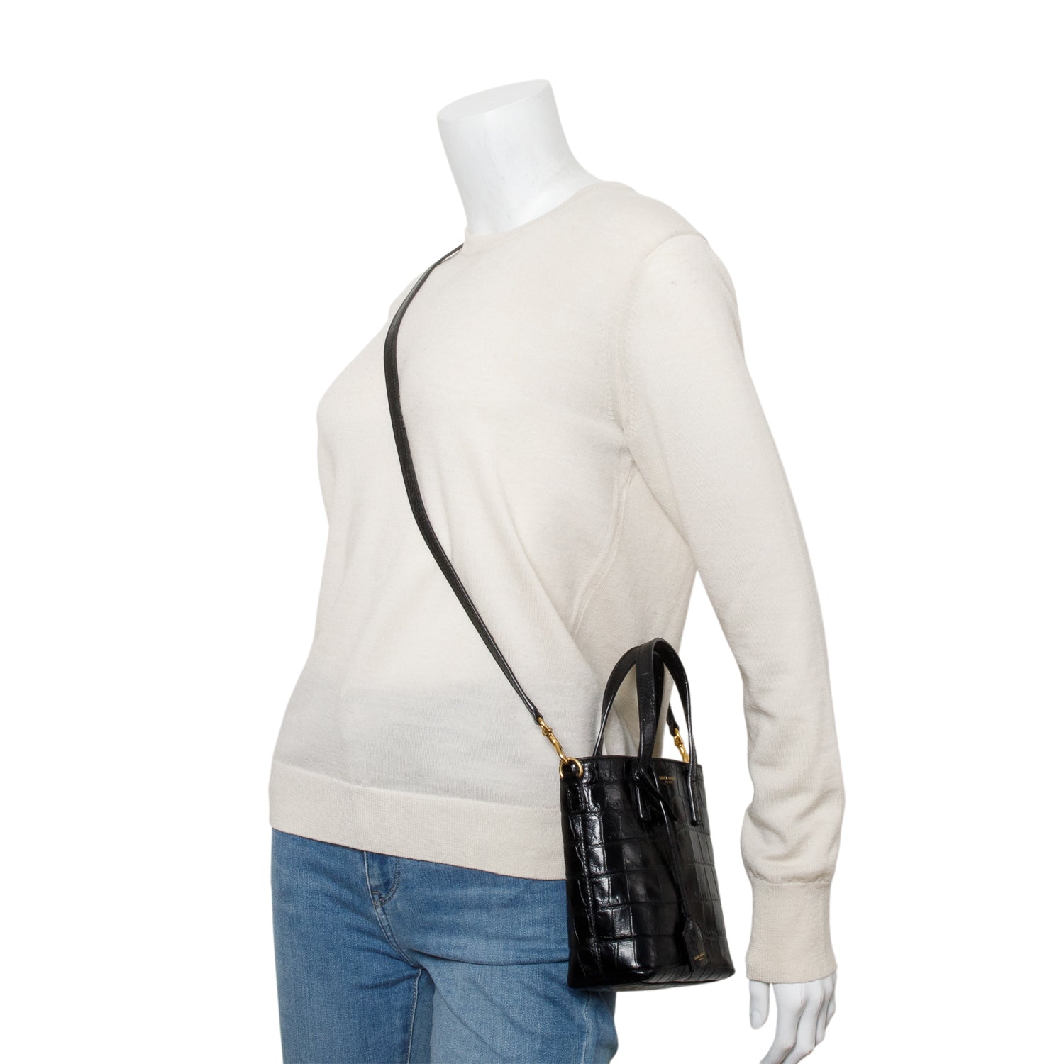 YSL Saint Laurent Croc Embossed Calfskin Toy Shopper Tote Black Mini Tote Bag