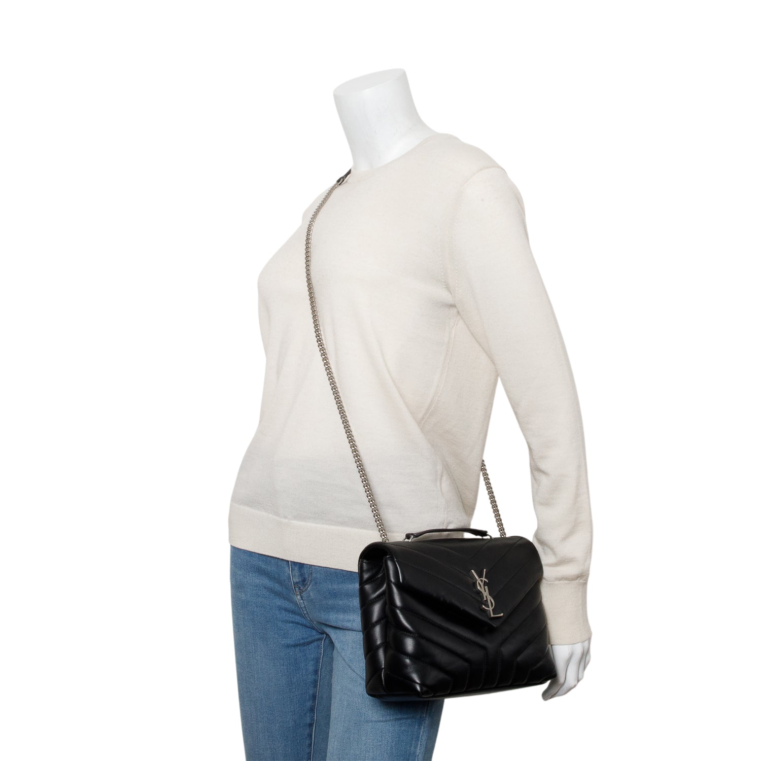 YSL Saint Laurent Chevron Loulou Shoulder Bag Leather Black