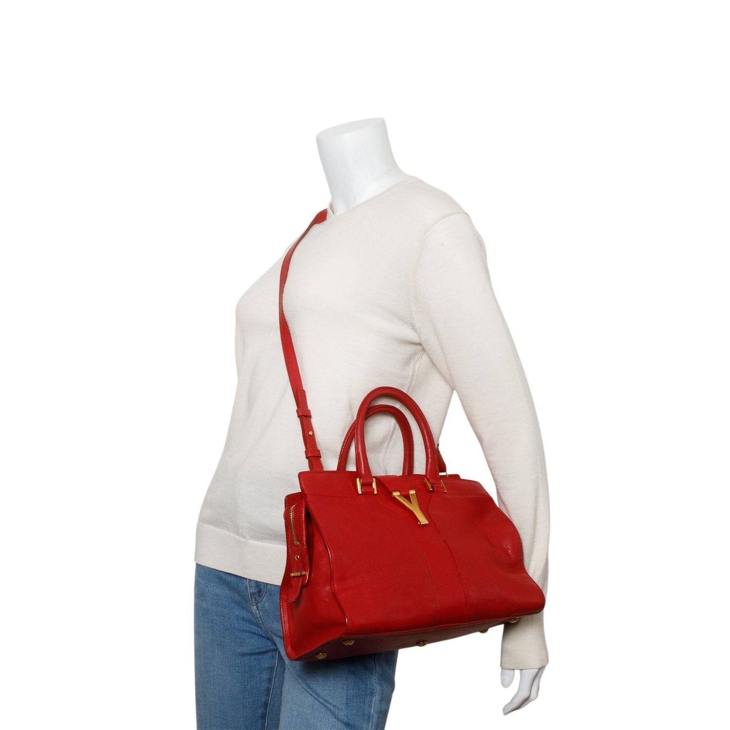 YSL Saint Laurent Calfskin Classic Cabas Travel Bag Red Small