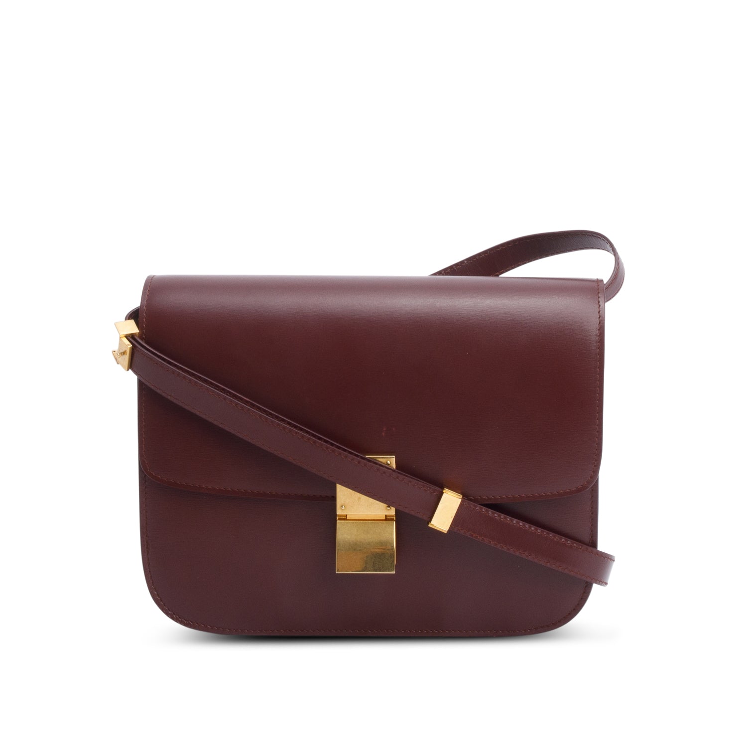 Celine Burgundy Calfskin Classic Box Bag Medium Flap Travel Bag