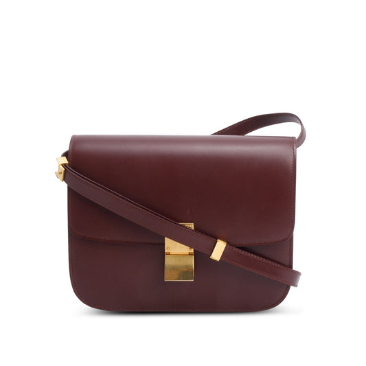 Celine Burgundy Calfskin Classic Box Bag Medium Flap Travel Bag
