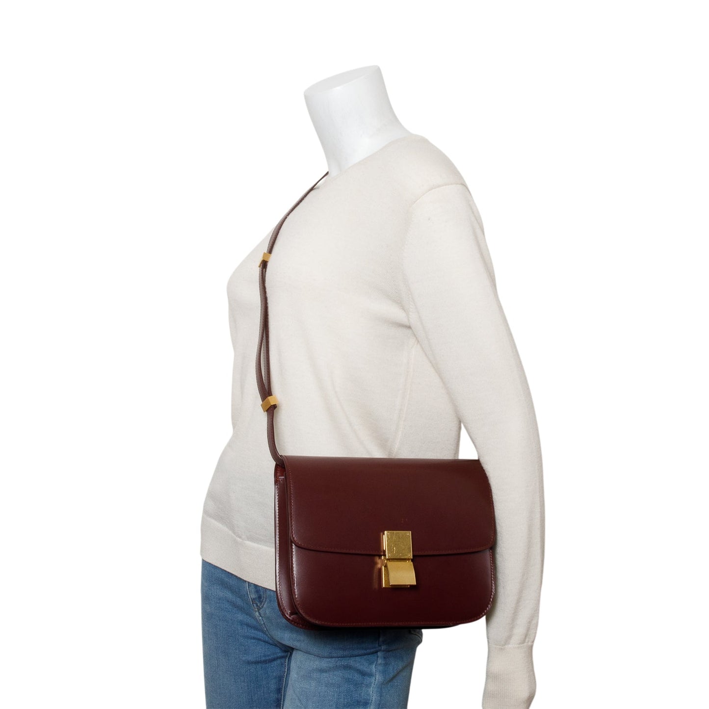 Celine Burgundy Calfskin Classic Box Bag Medium Flap Travel Bag