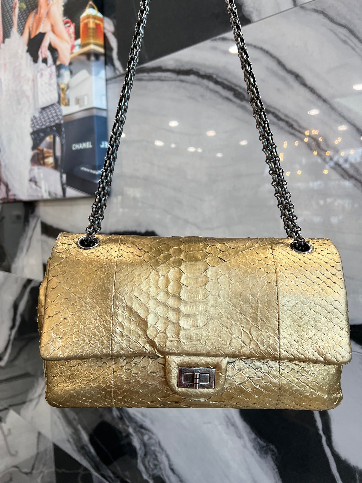 Chanel REISSUE DOUBLE JUMBO FLAP MATTE PYTHON Gold Shoulder Bag
