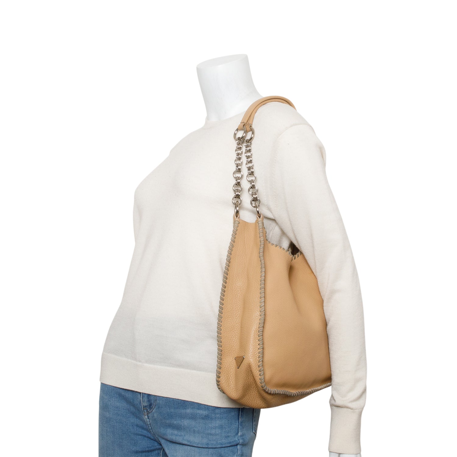 Prada Vitello Daino Whipstitch Hobo Handbag Brown Chain Travel Bag