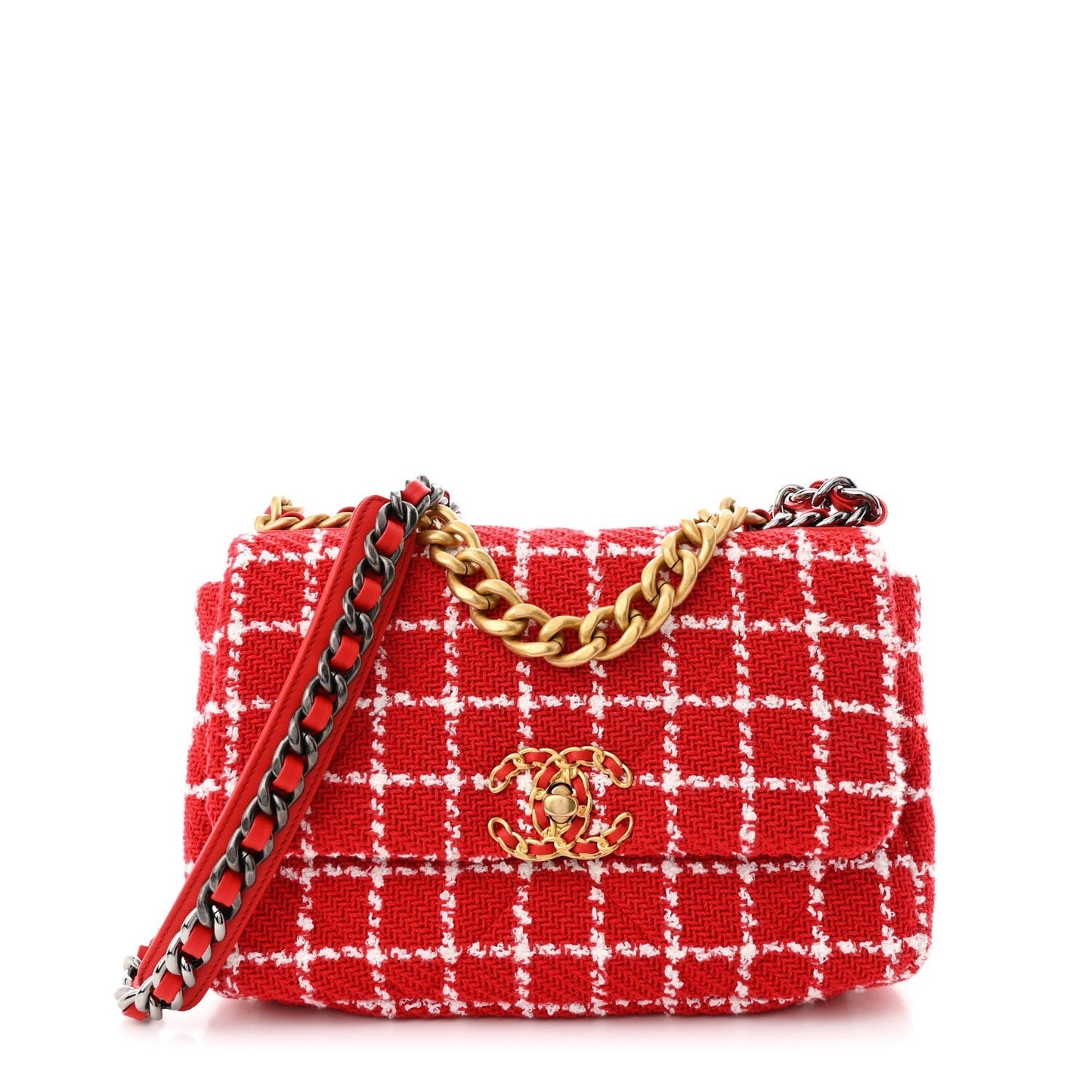 Chanel Tweed Quilted Medium 19 Flap Red White Handbag