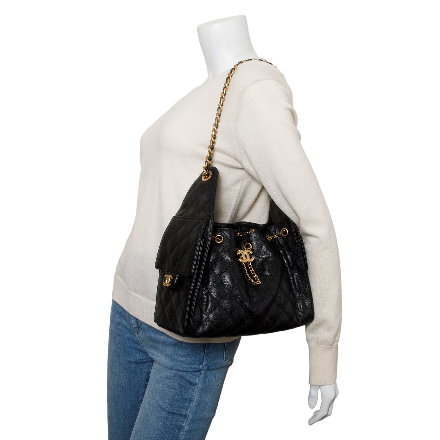 Chanel Caviar 25 Bucket Leather Black Travel Bag