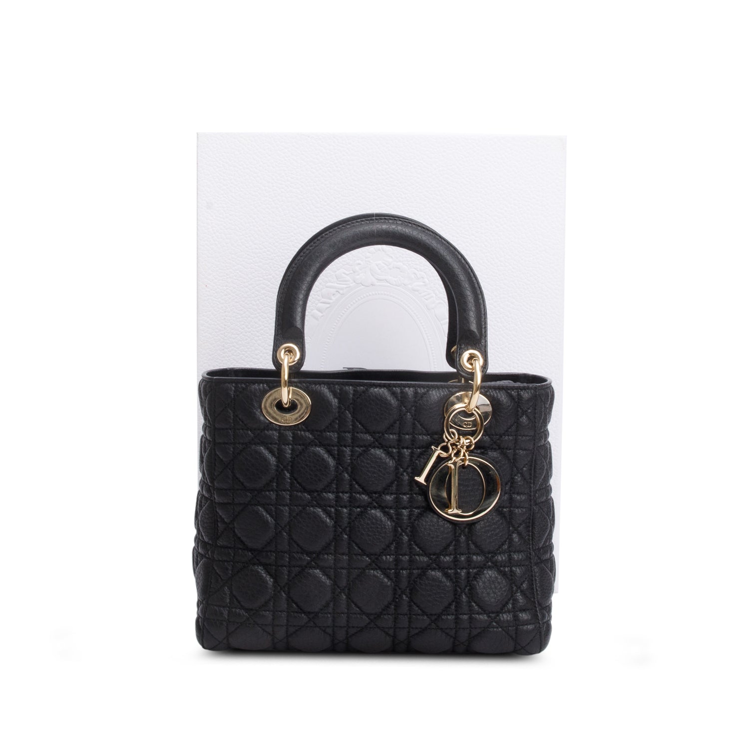 Dior Christian Grained Calfskin Cannage Lady Handbag Black Medium Travel Bag
