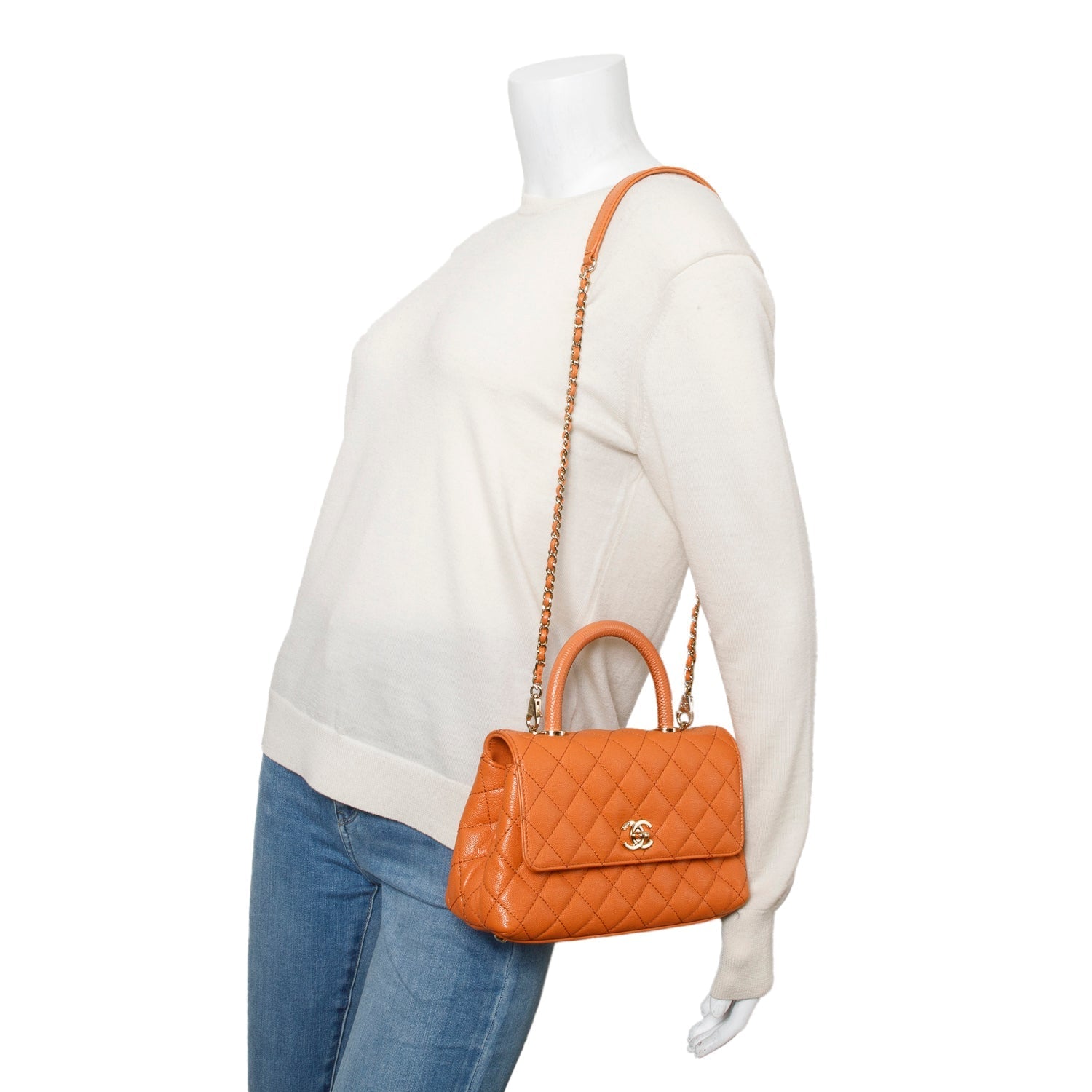 Chanel Caviar Quilted Coco Handle Flap Orange Travel Bag