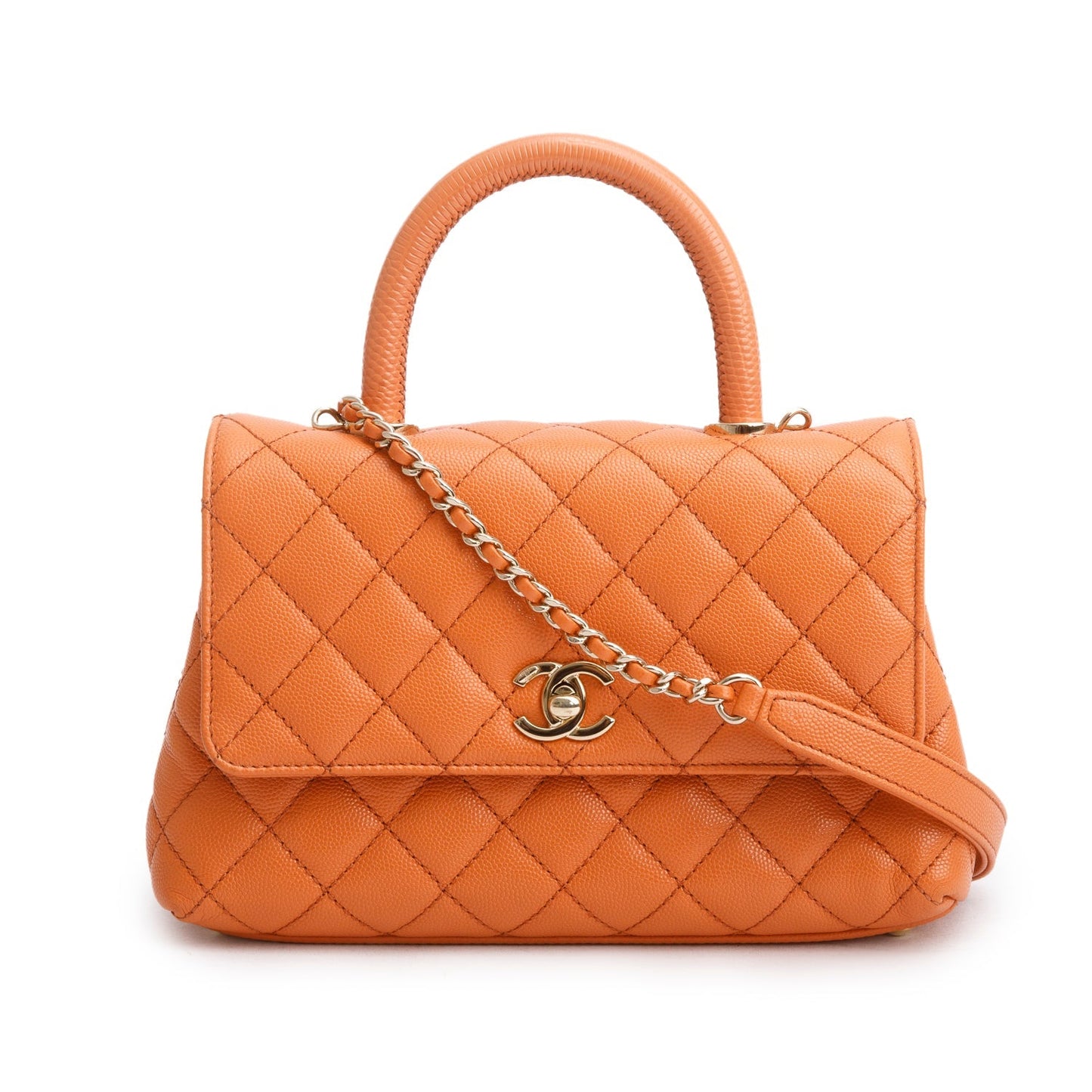 Chanel Caviar Quilted Coco Handle Flap Orange Travel Bag