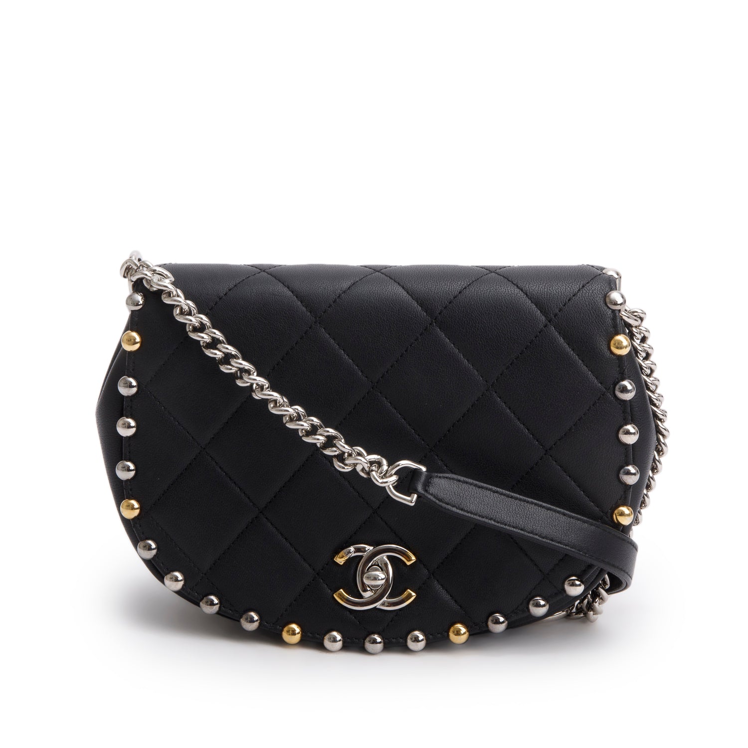 Chanel Quilted Studded Bubble Flap Lambskin Black Travel Bag