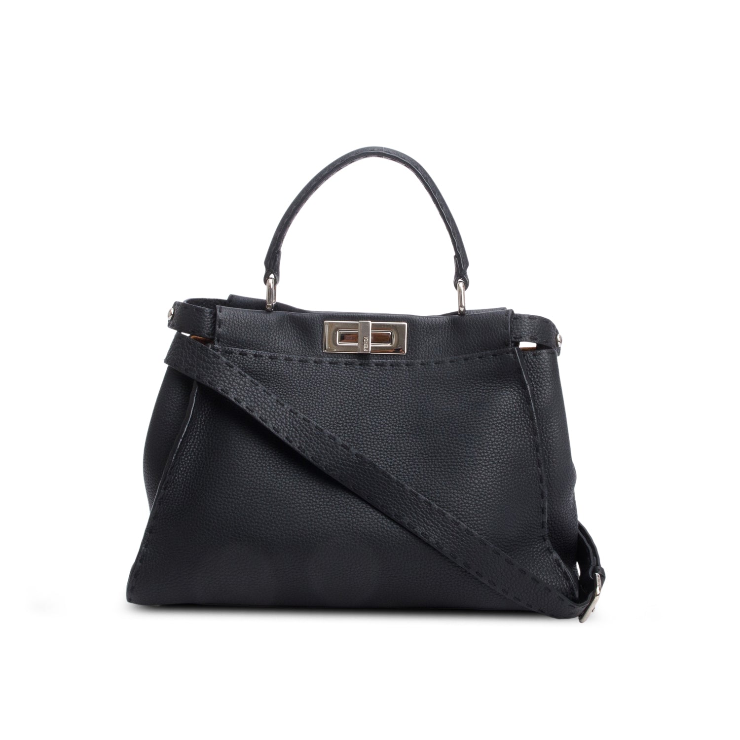 Fendi Cuioio Romano Selleria Peekaboo Iconic Satchel Black Medium Travel Bag