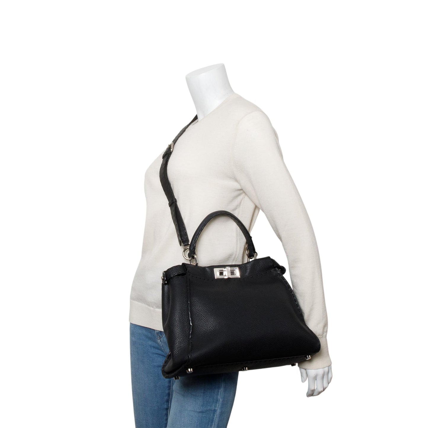 Fendi Cuioio Romano Selleria Peekaboo Iconic Satchel Black Medium Travel Bag