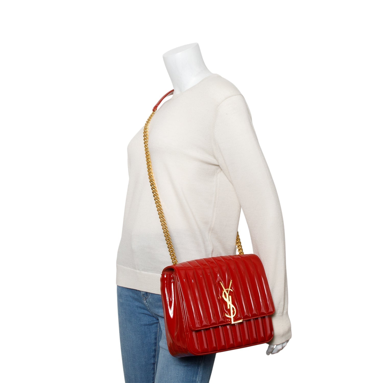 YSL Saint Laurent Red Patent Large Vicky Chain Bag Leather Matelasse Travel Bag