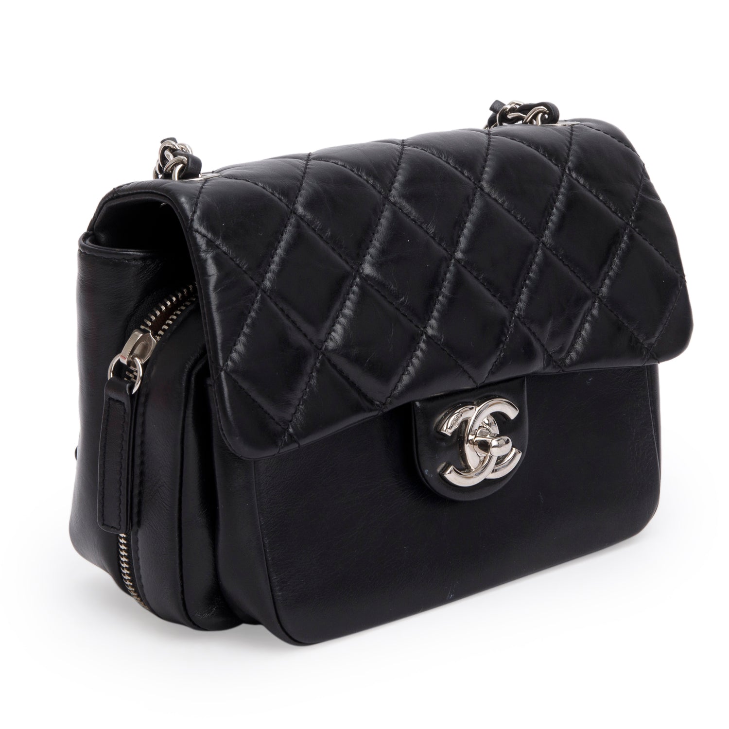 Chanel Aged Quilted Express Zip Around Calfskin Black Travel Bag