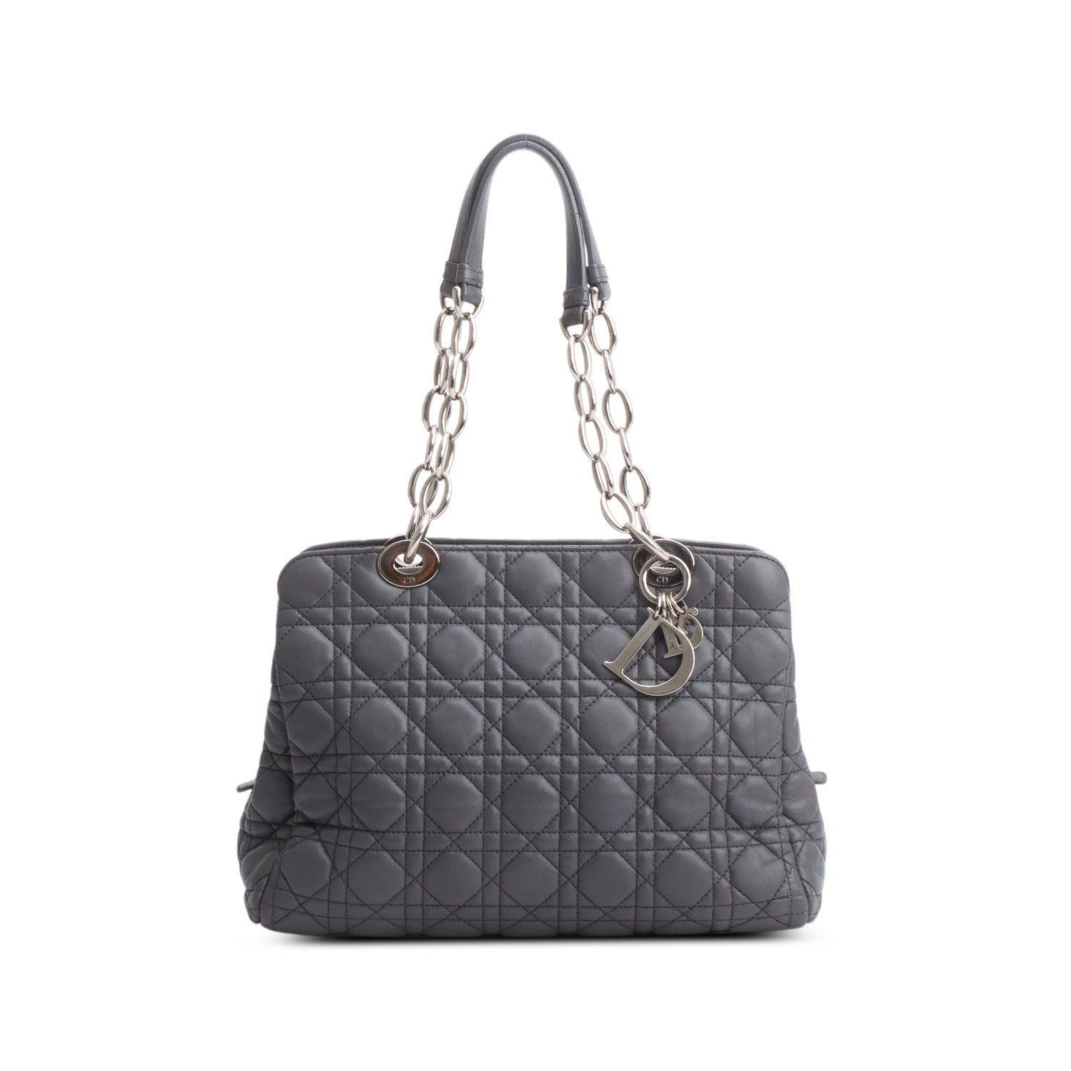Dior Christian Grey Lambskin Cannage Soft Zipped Shopping Small Tote Bag
