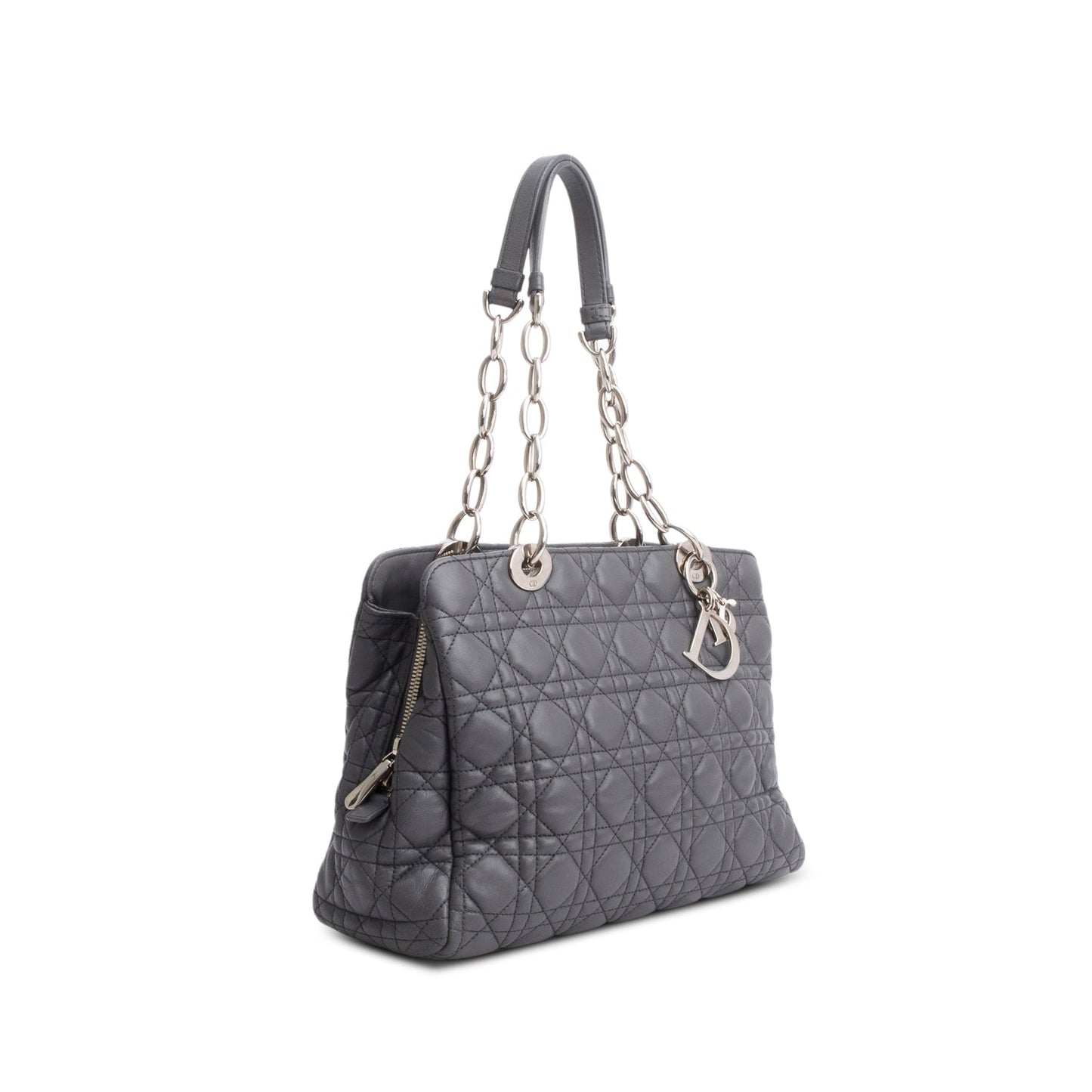 Dior Christian Grey Lambskin Cannage Soft Zipped Shopping Small Tote Bag