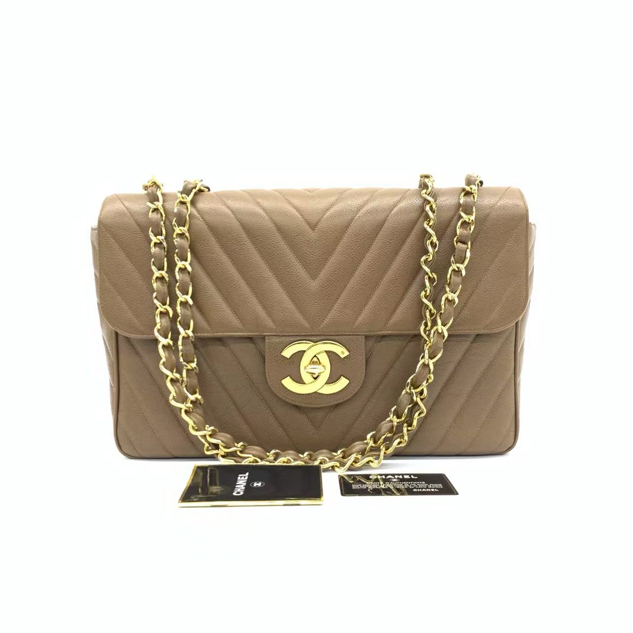Chanel Classic Maxi Single Flap Taupe Caviar Brown Gold Beige Handbag