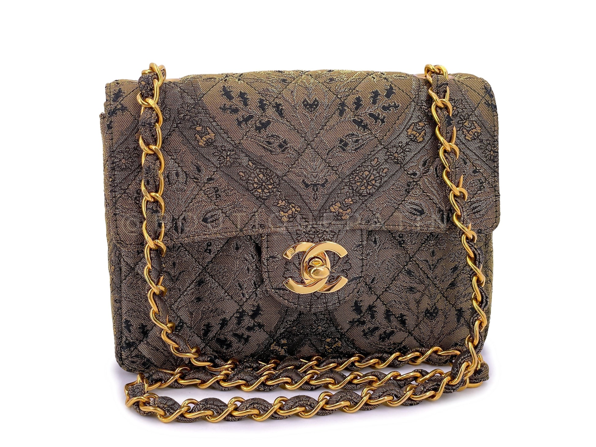 Chanel 1995 Bronze Brocade Square Mini Flap 24K Ghw Jewelry