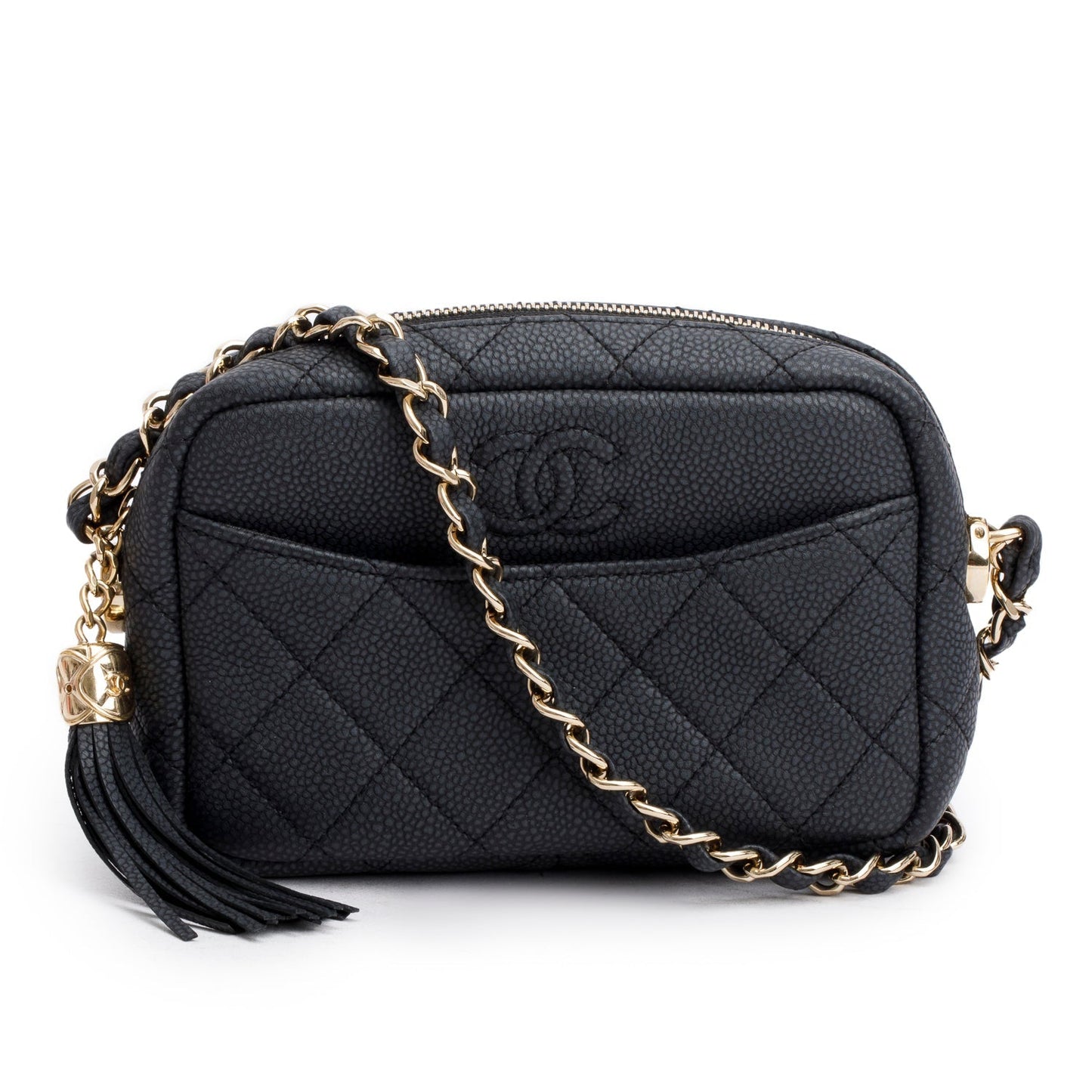 Chanel Caviar Quilted Coco Tassel Camera Black Travel Bag