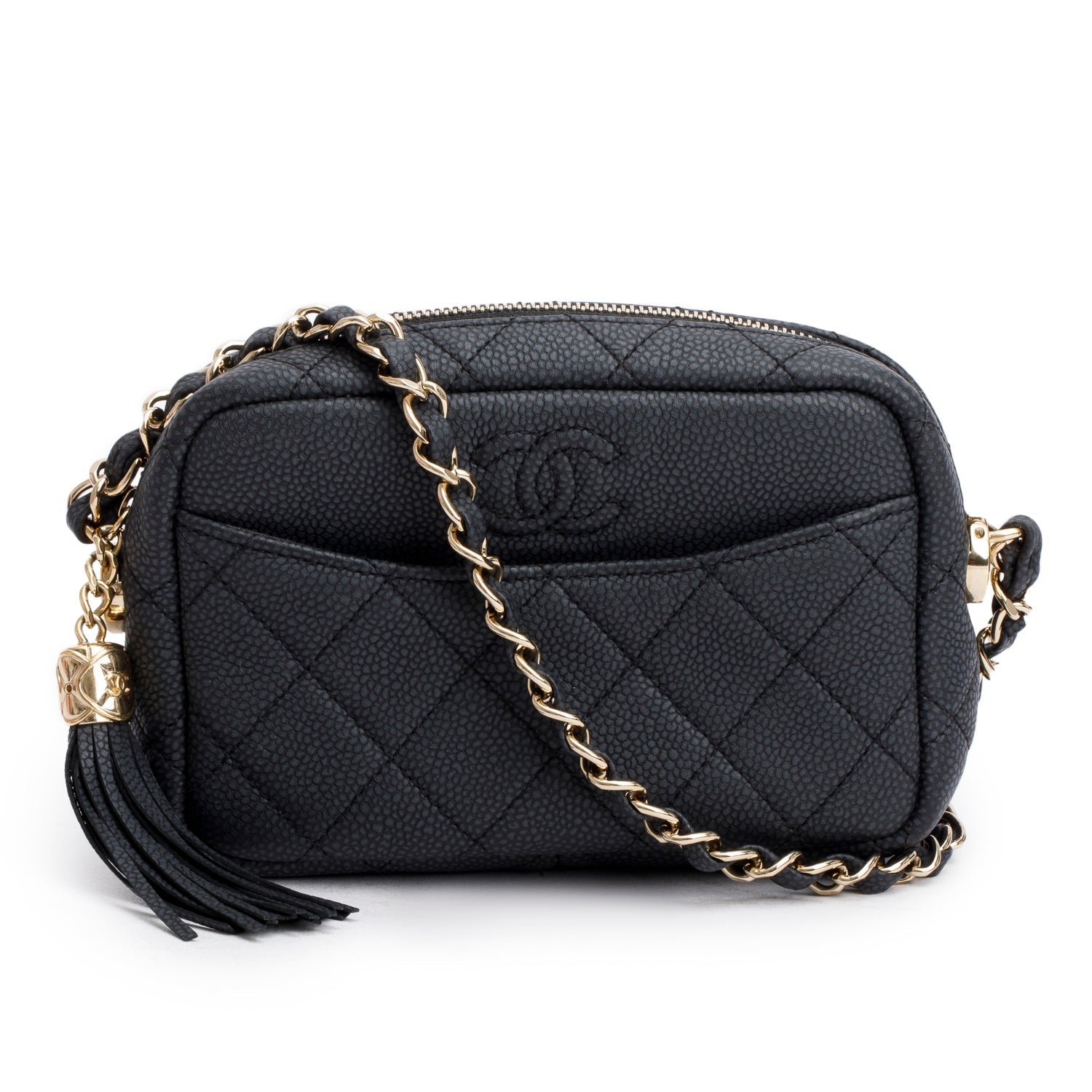 Chanel Caviar Quilted Coco Tassel Camera Black Travel Bag