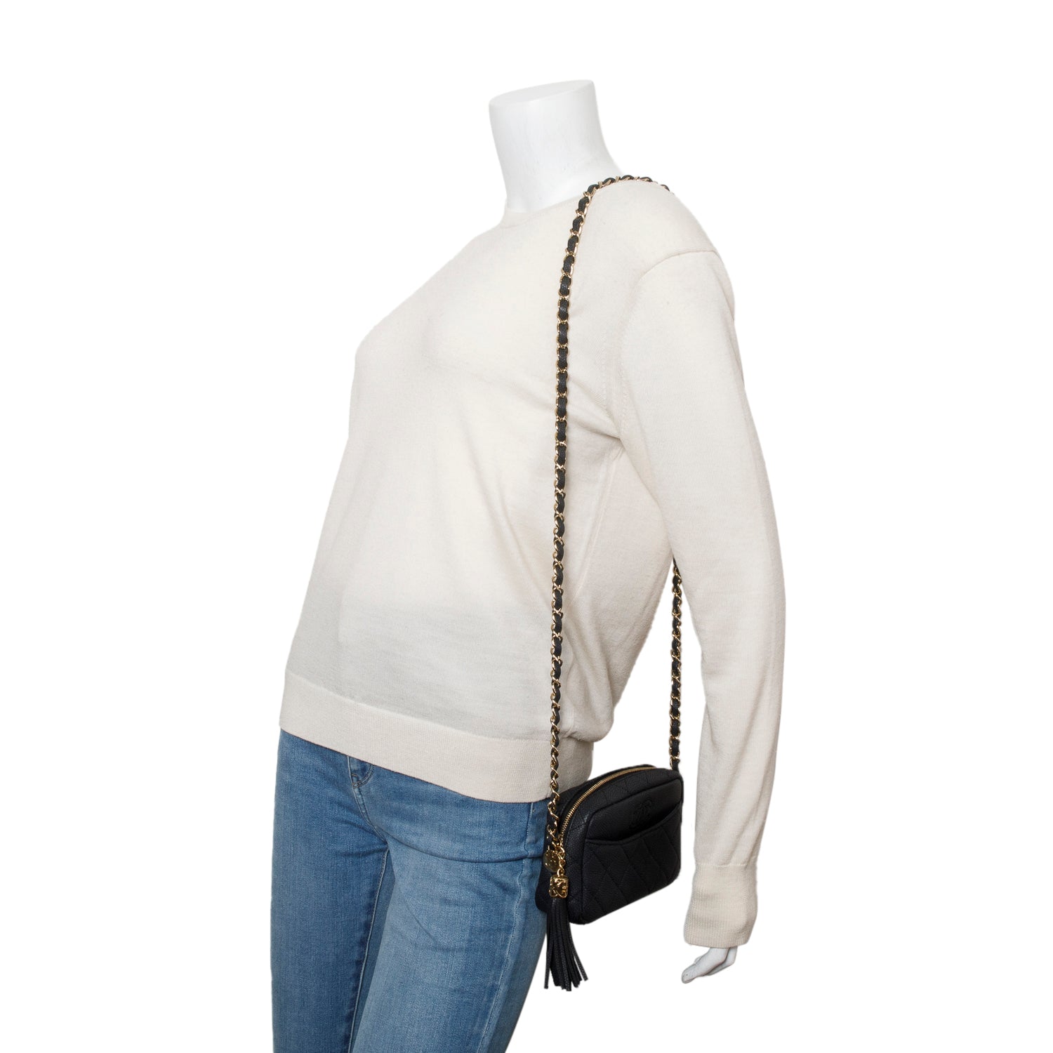 Chanel Caviar Quilted Coco Tassel Camera Black Travel Bag