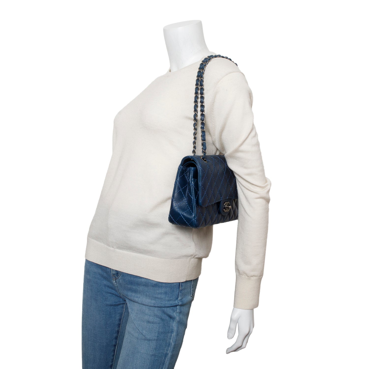 Chanel Caviar Classic Double Flap Blue Travel Bag