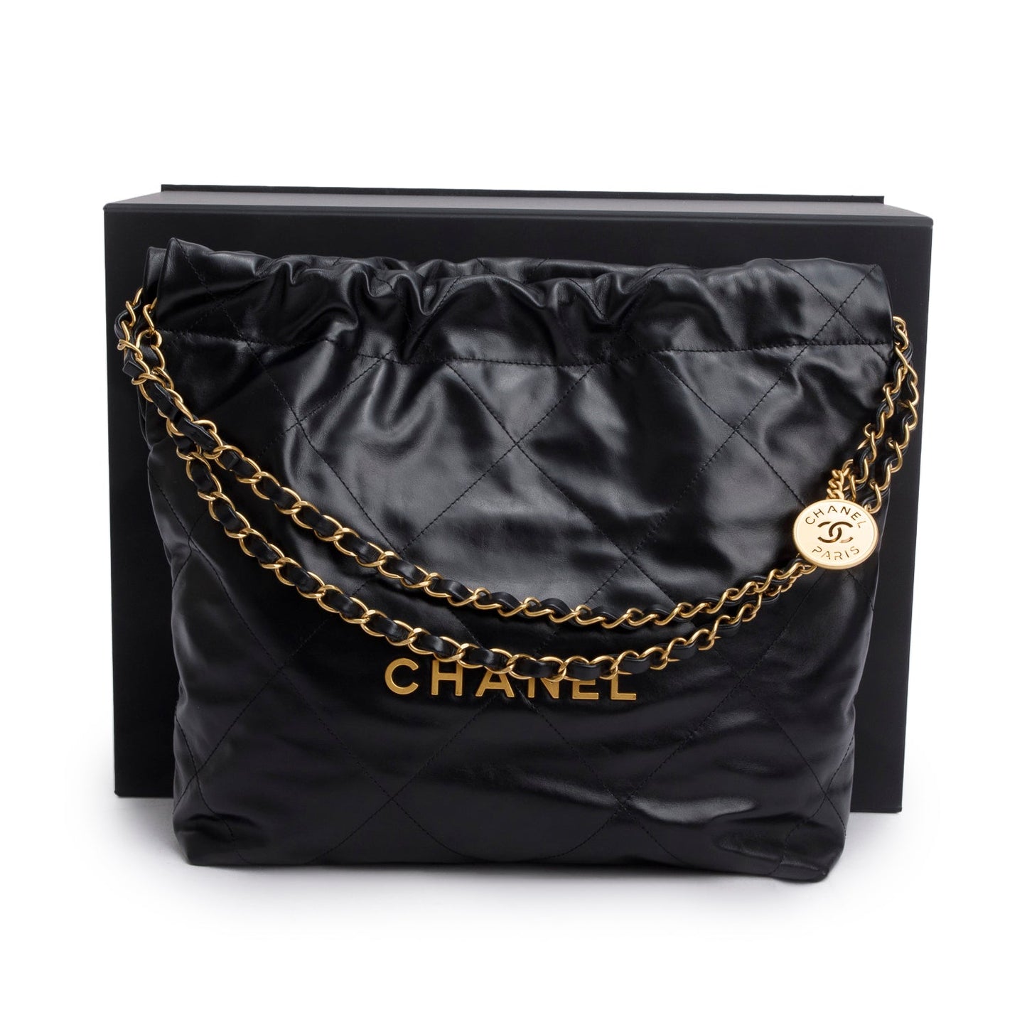 Chanel Shiny Quilted 22 Hobo Calfskin Black Travel Bag