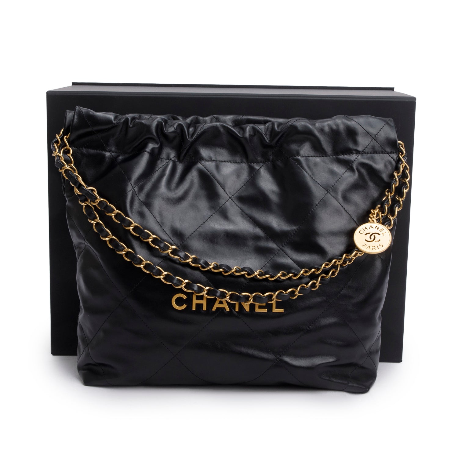 Chanel Shiny Quilted 22 Hobo Calfskin Black Travel Bag