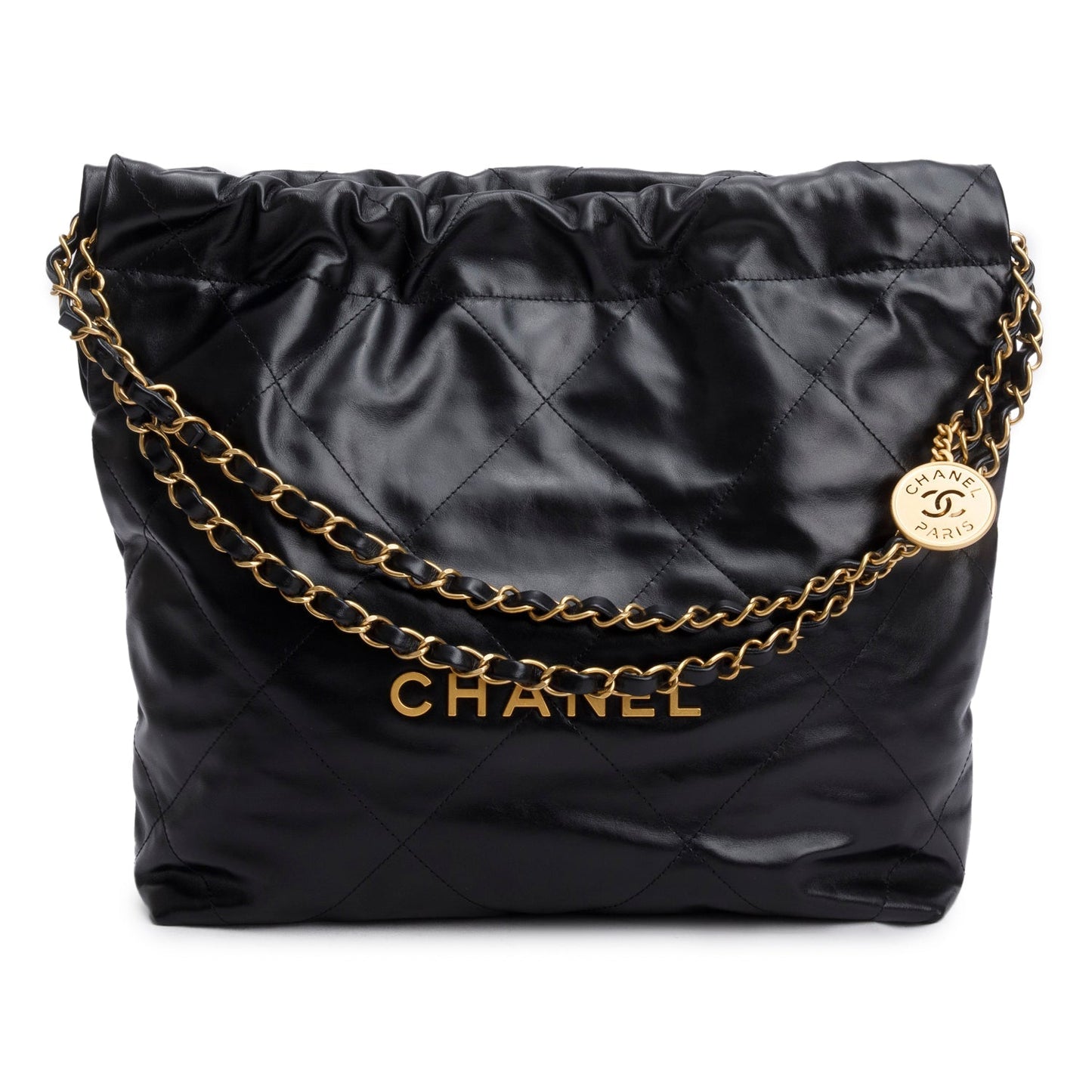 Chanel Shiny Quilted 22 Hobo Calfskin Black Travel Bag