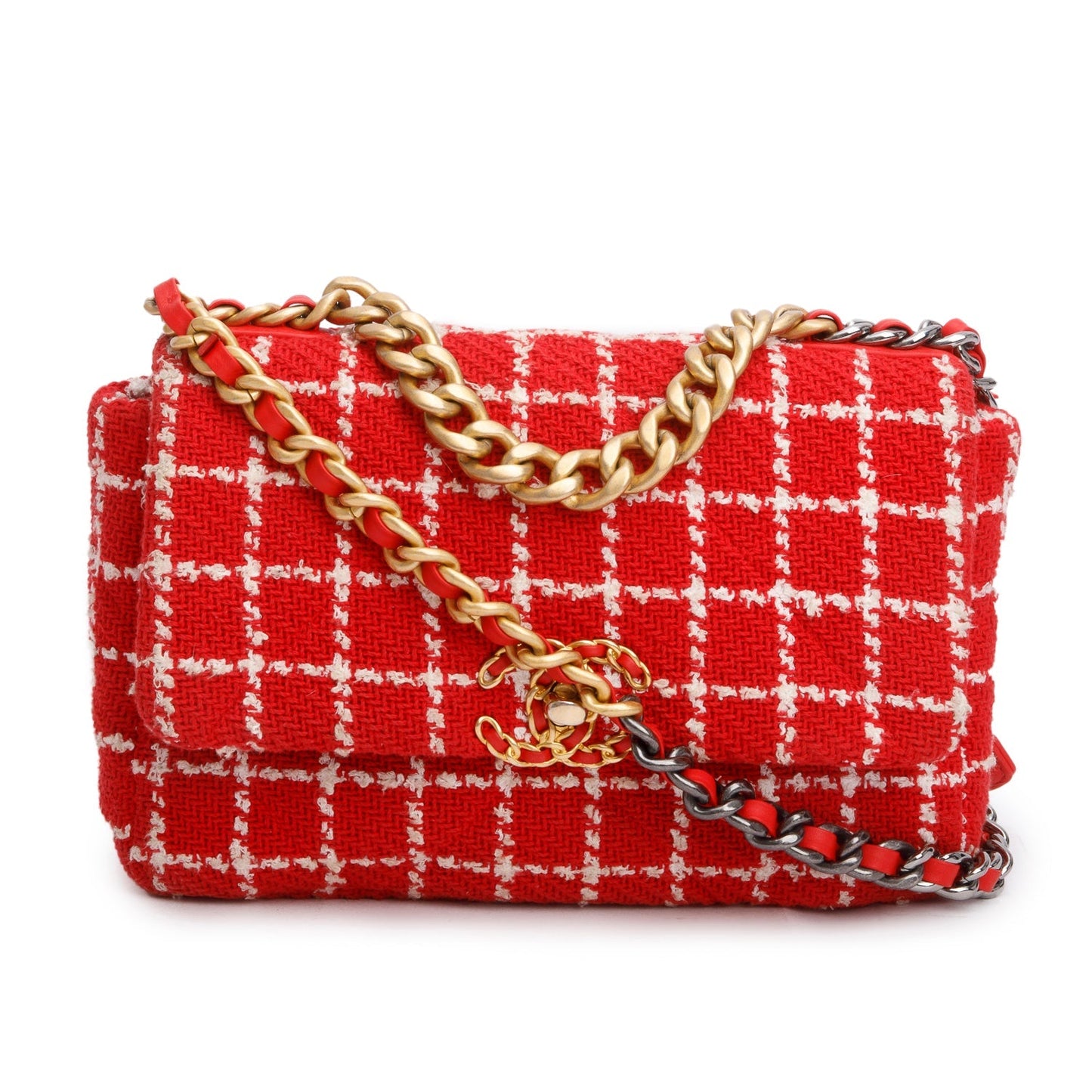 Chanel Tweed Quilted 19 Flap Red Travel Bag