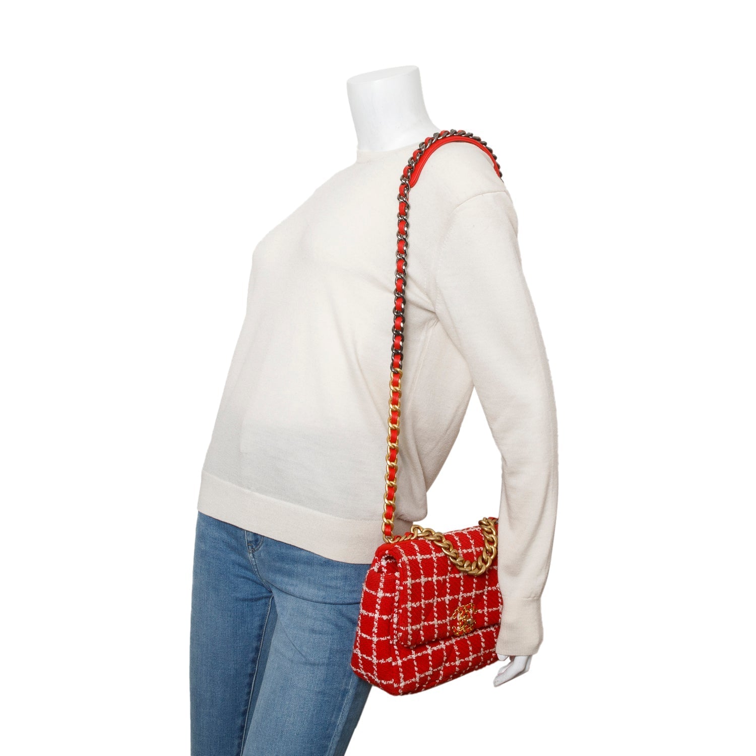 Chanel Tweed Quilted 19 Flap Red Travel Bag
