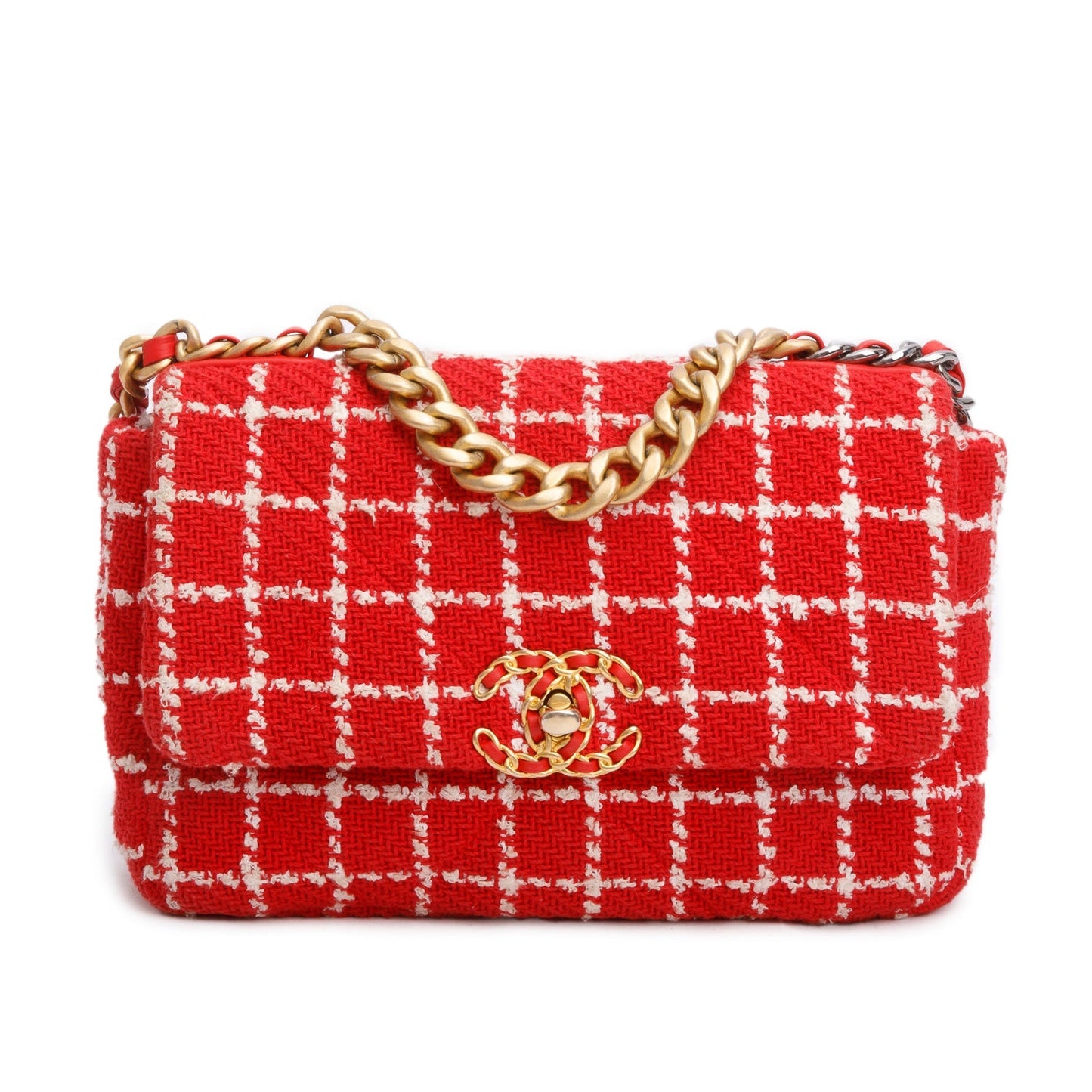 Chanel Tweed Quilted 19 Flap Red Travel Bag