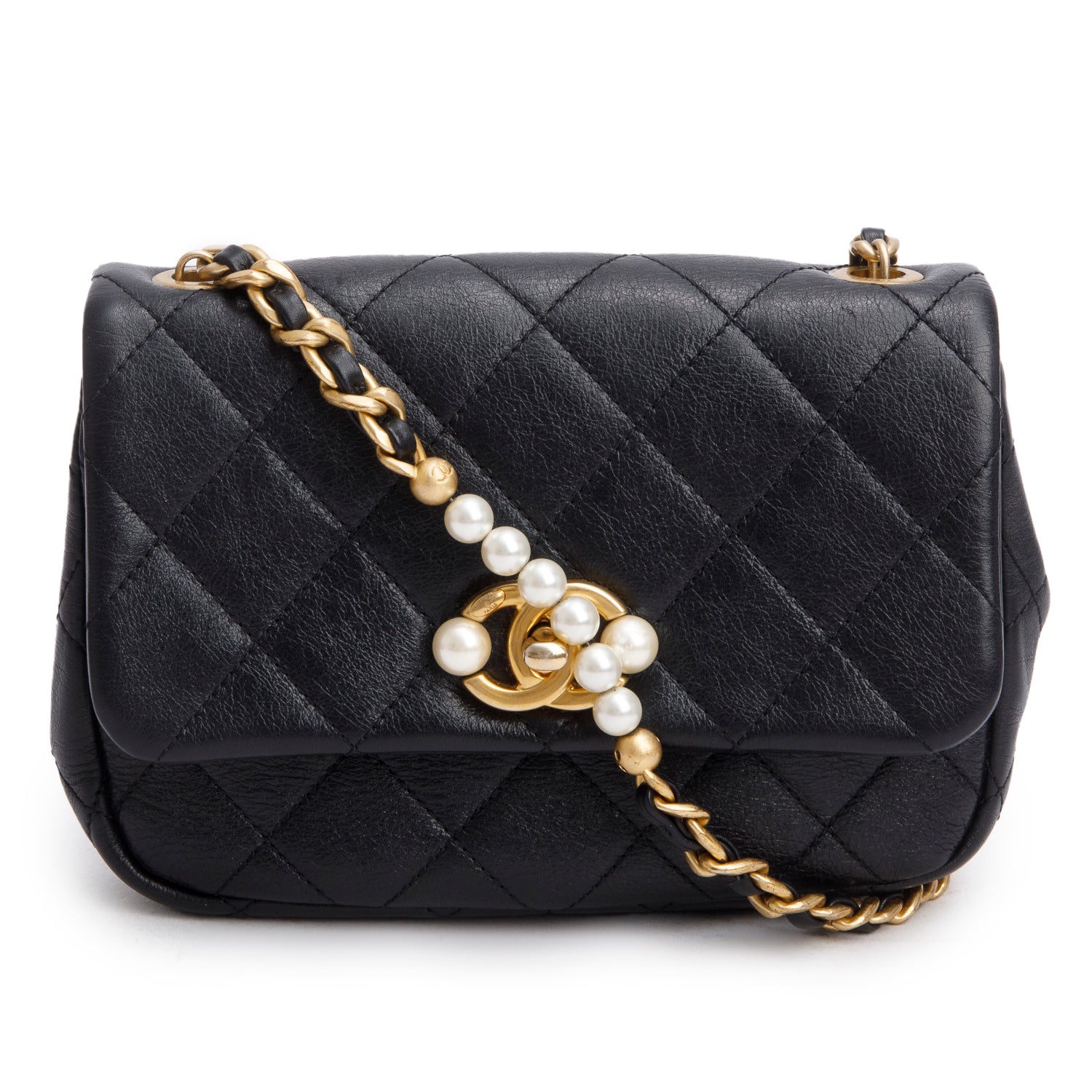 Chanel Quilted Pearl Side Flap Calfskin Black Travel Bag