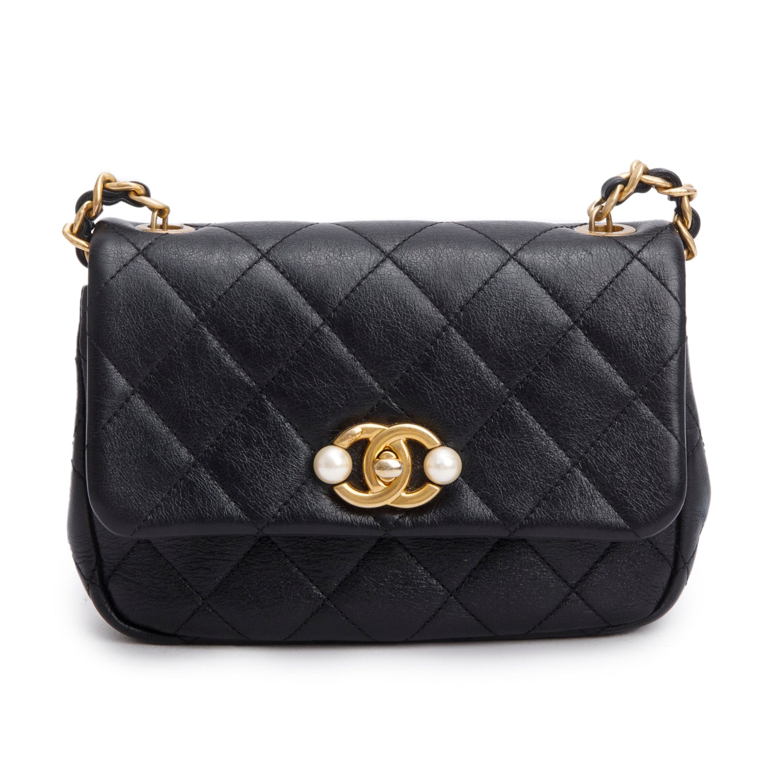 Chanel Quilted Pearl Side Flap Calfskin Black Travel Bag