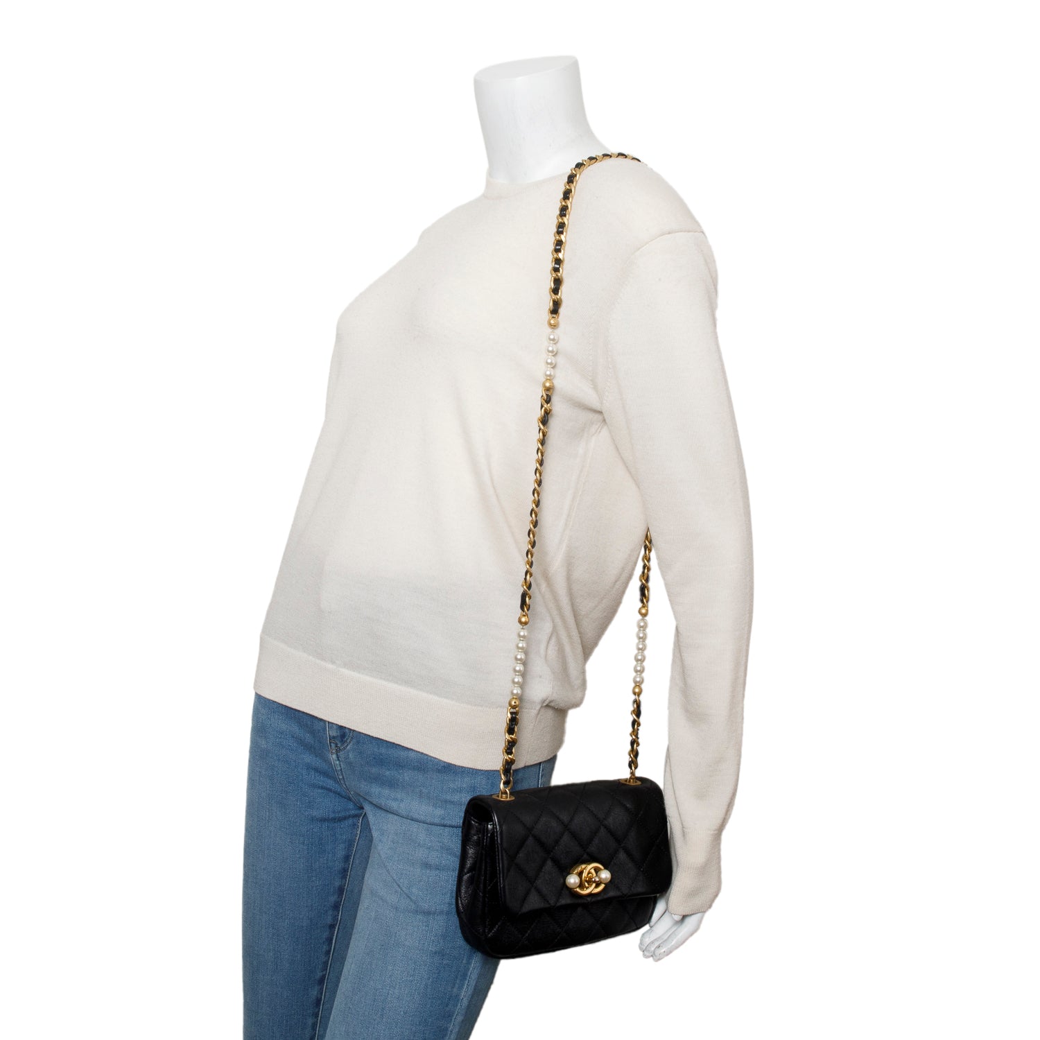 Chanel Quilted Pearl Side Flap Calfskin Black Travel Bag