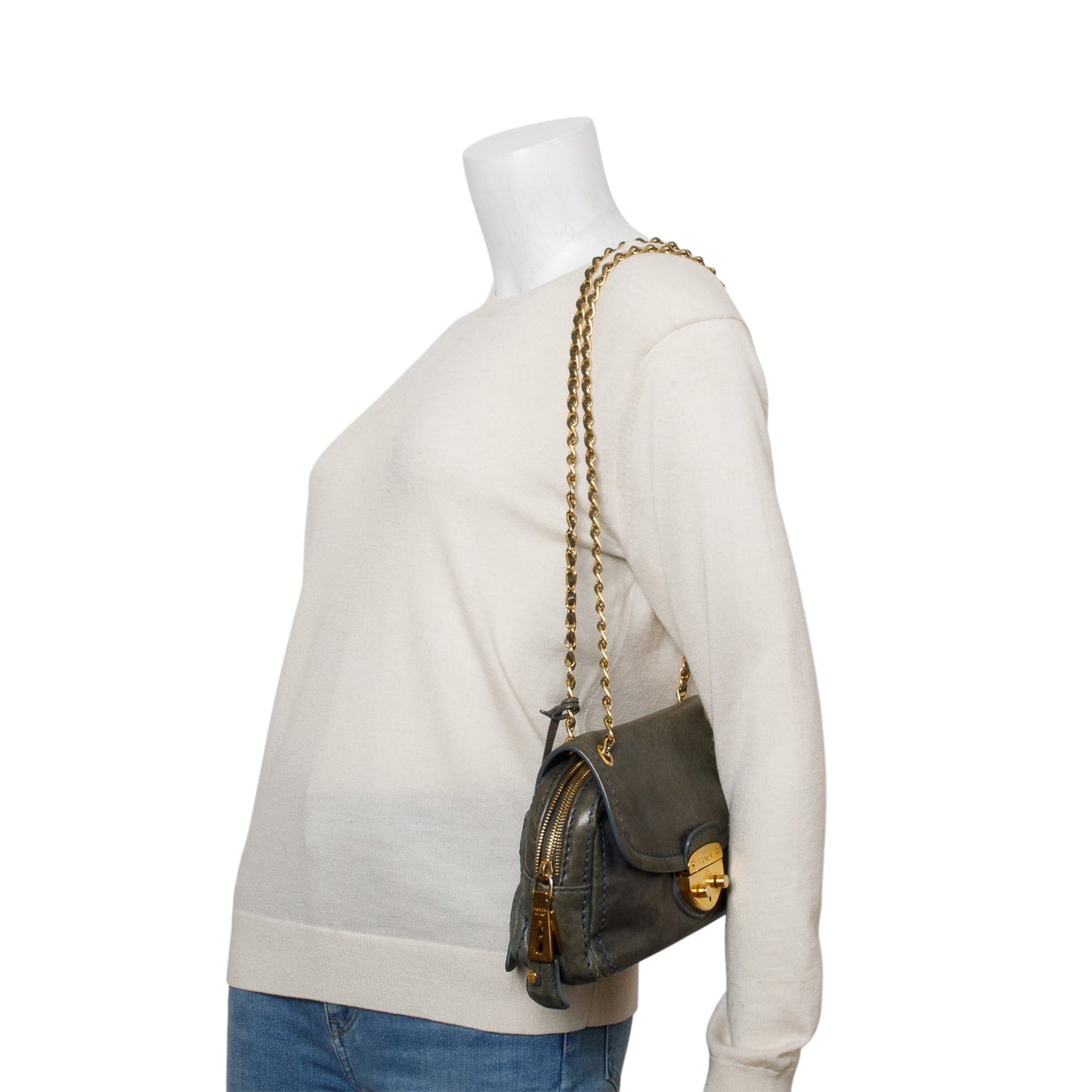 Prada Glace Calf Pushlock Shoulder Bag Green Chain