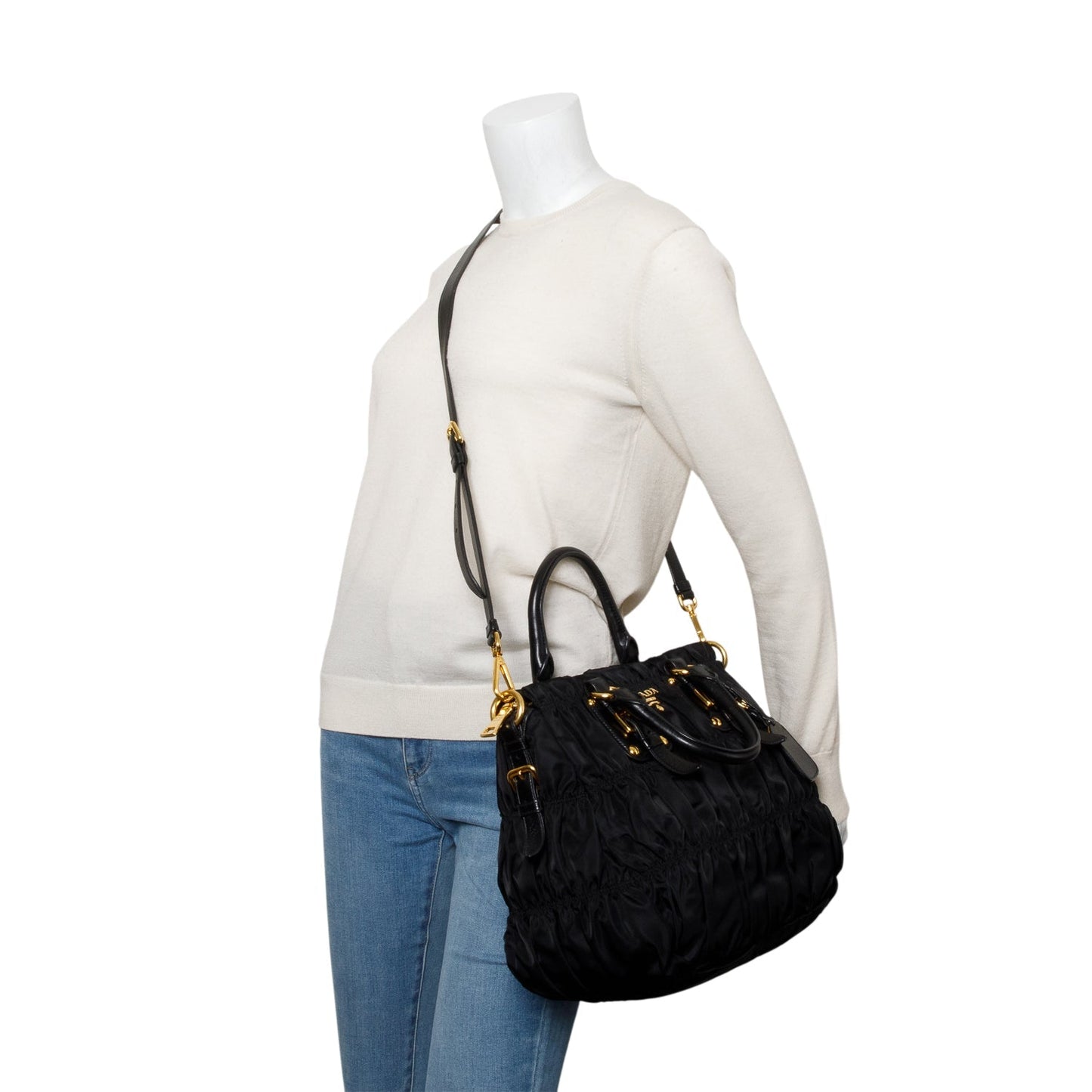 Prada Trimmed Tessuto Gaufre Tote Handbag Leather Black Tote Bag