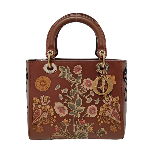 Dior Lady K Original Masters Floral Carved Calfskin Brown Medium Travel Bag