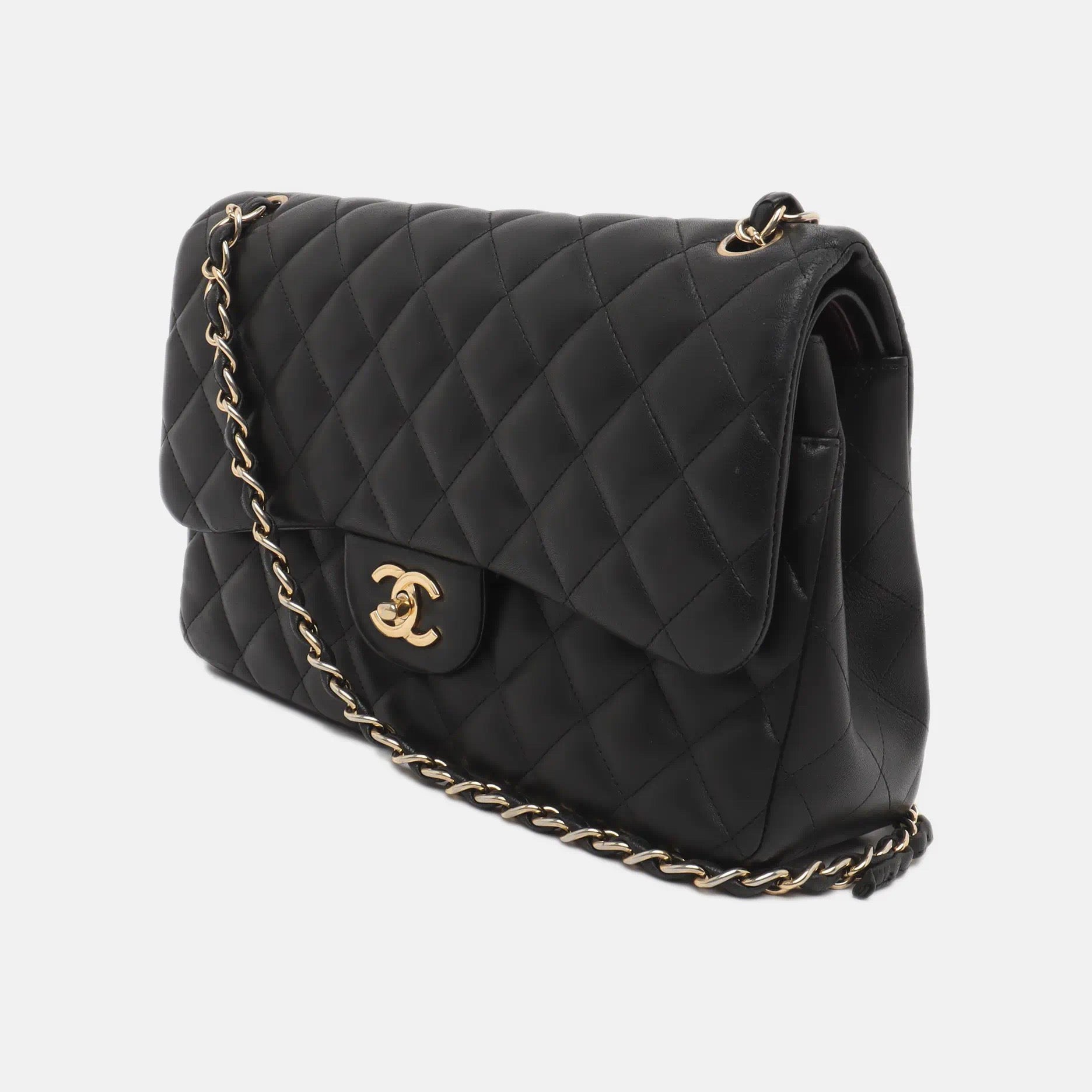 Chanel Classic Flap Jumbo Lambskin Double Flap Black Gold Leather Handbag 4